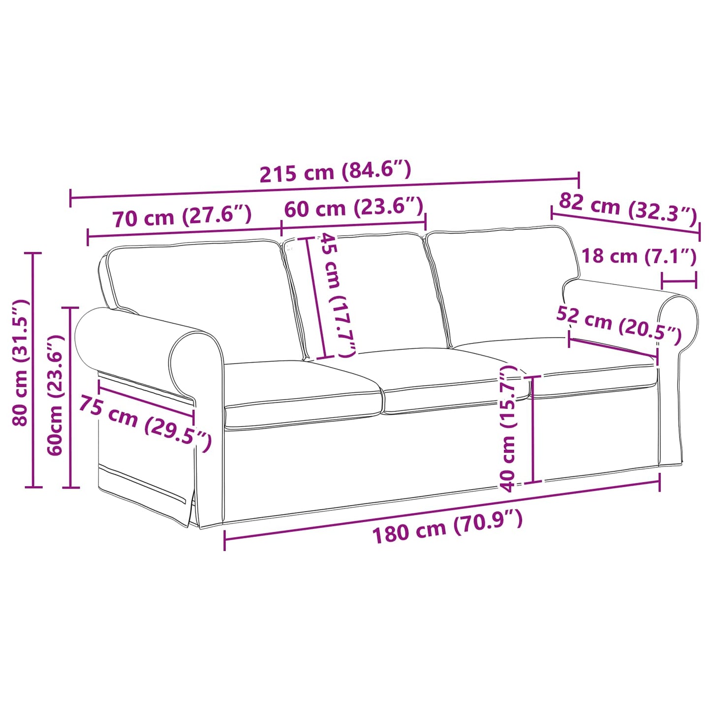 Sofa Schwarz 215 x 82 x 80 cm Stoff