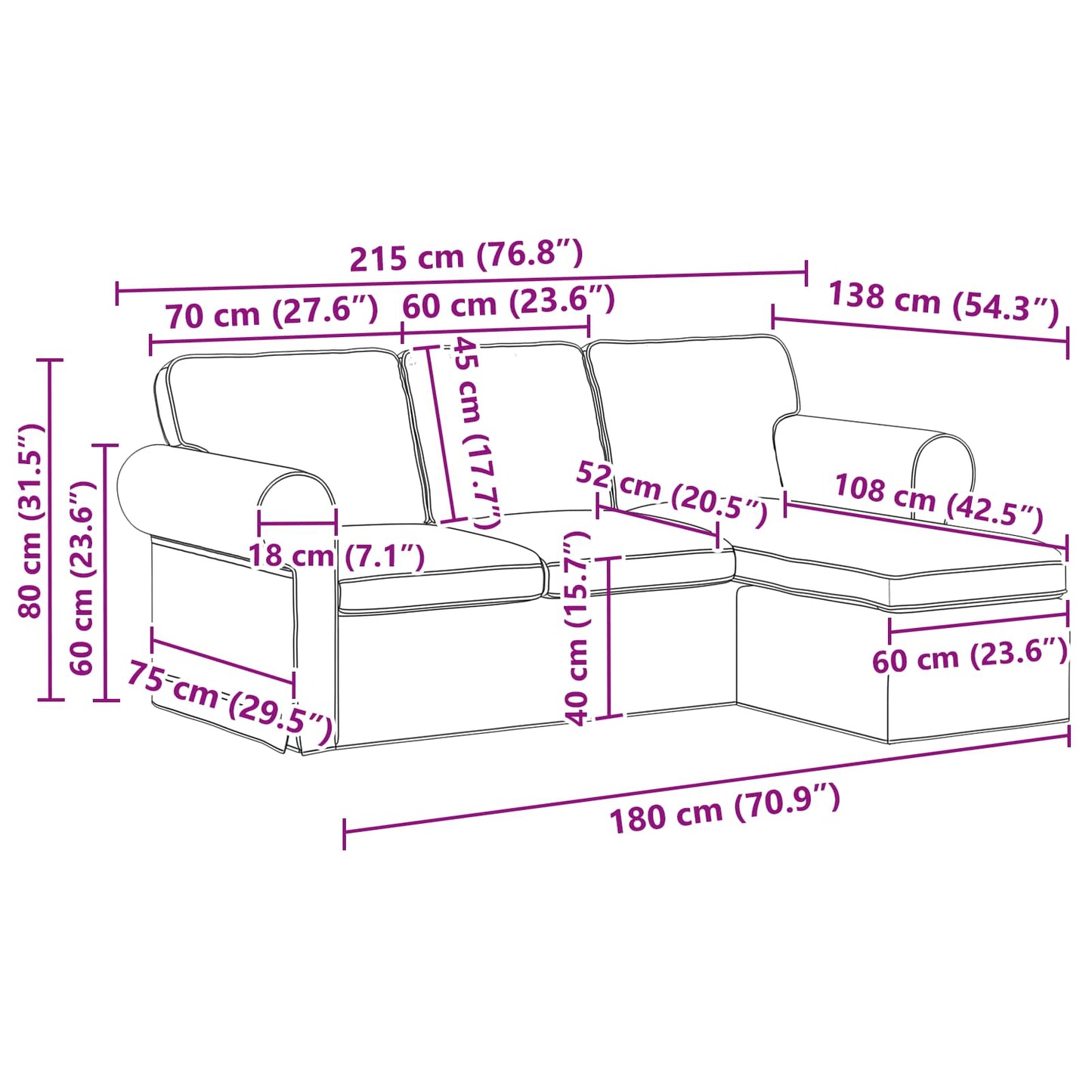 Sofa Schwarz 215 x 138 x 80 cm Stoff