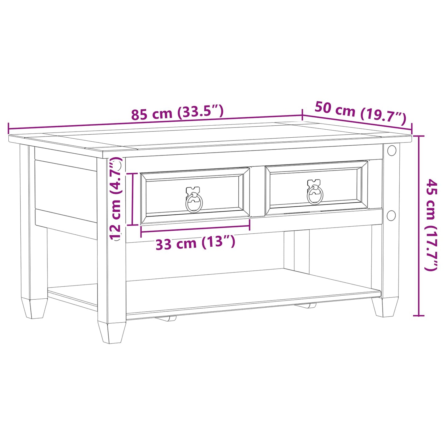 Couchtisch Weiß 85 x 50 x 45 cm Massives Kiefernholz