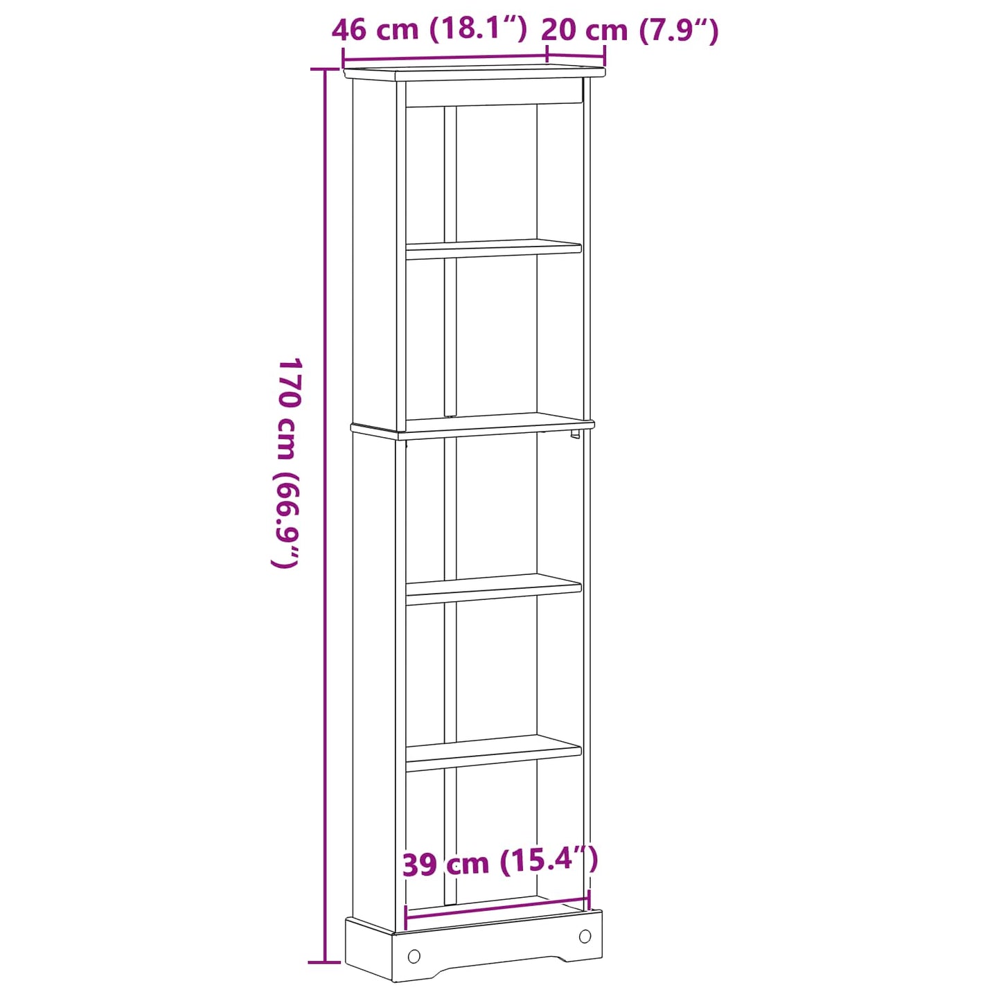 Bücherregal 46 x 20 x 170 cm Massives Kiefernholz Weiß