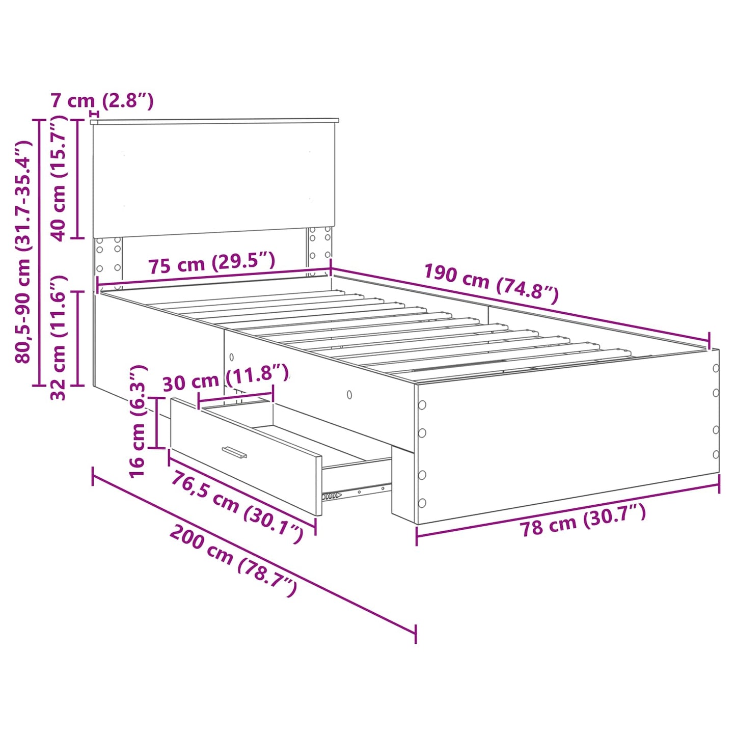 Bettrahmen Sonoma Eiche und Silber 75 x 190 cm Holzwerkstoff