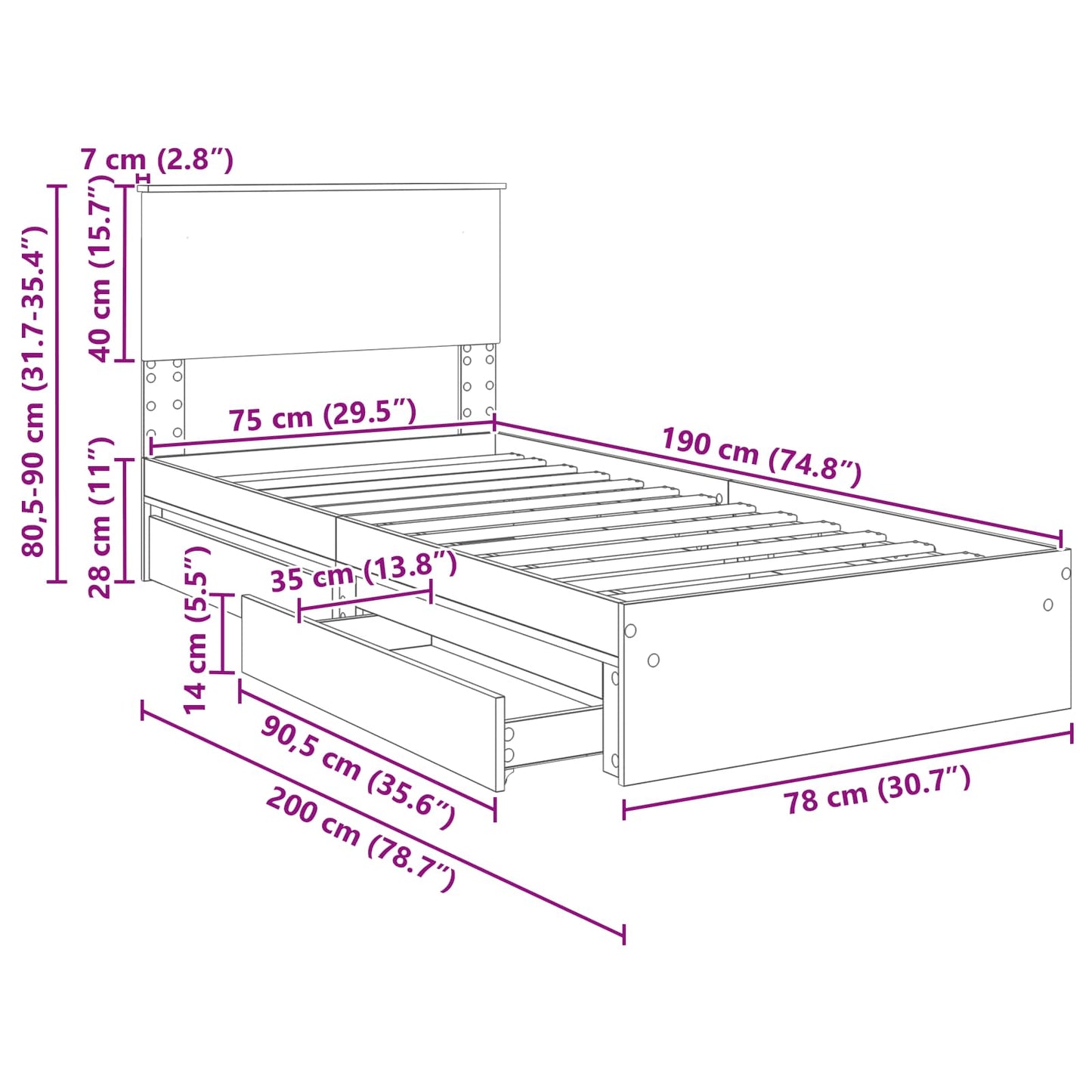 Aufbewahrungsbett Sonoma-Eiche 75 x 190 cm Holzwerkstoff