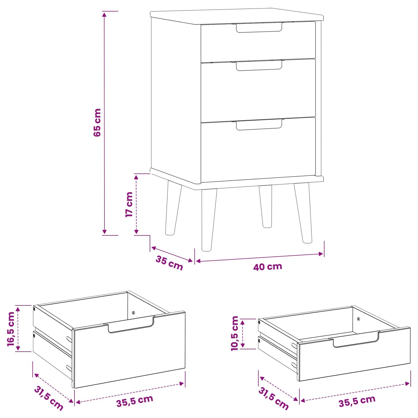Nachttisch MOLDE Schwarz 40 x 35 x 65 cm Massives Kiefernholz