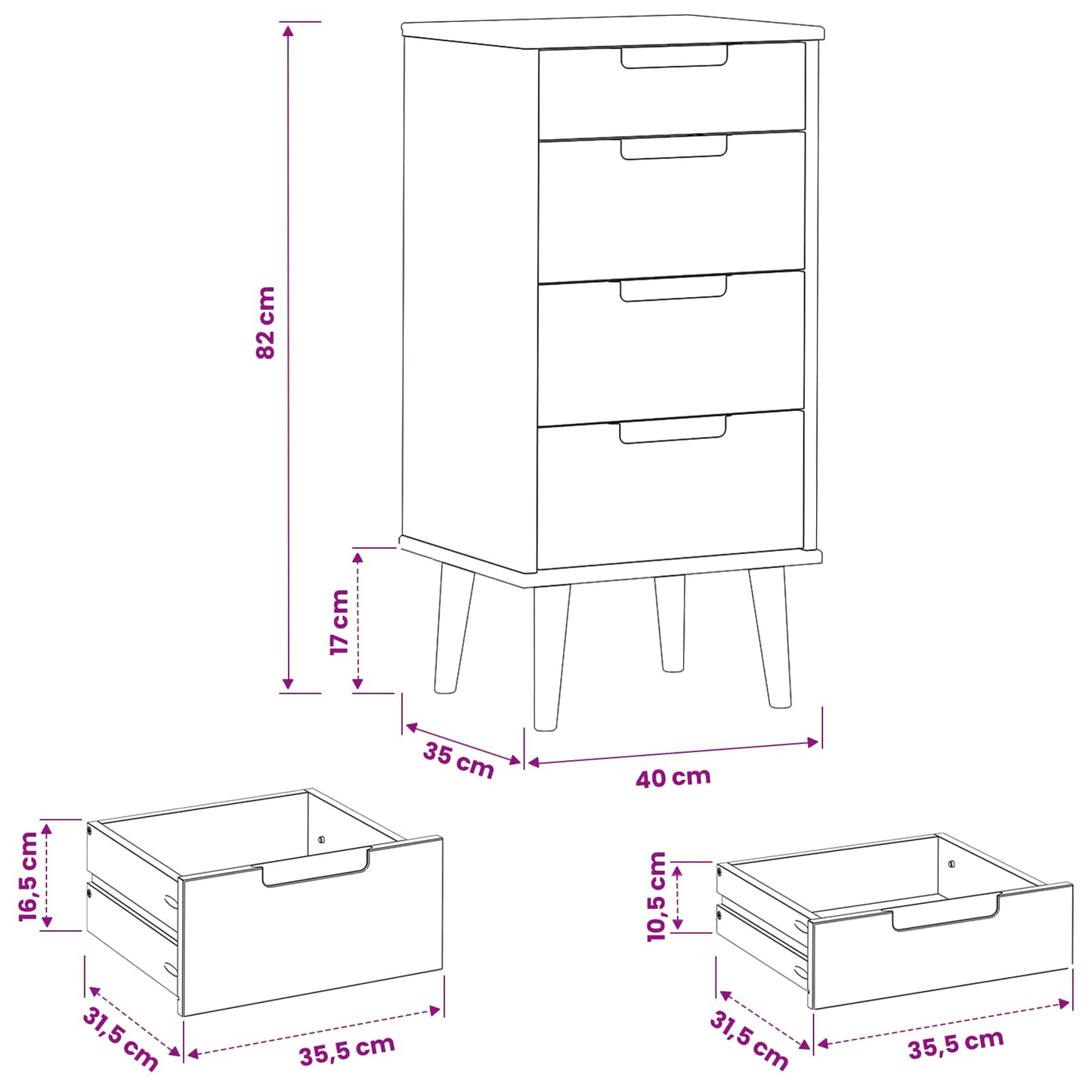 Kommode MOLDE Karamell 40 x 35 x 82 cm Massives Kiefernholz