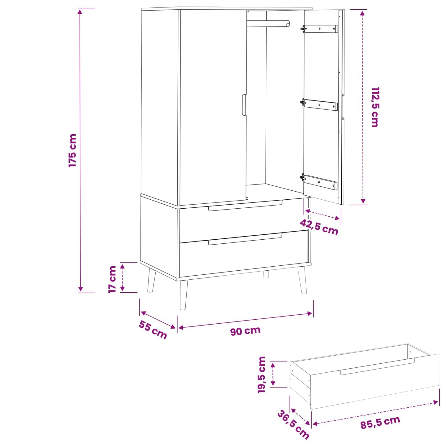 Kleiderschrank MOLDE Schwarz 90 x 55 x 175 cm