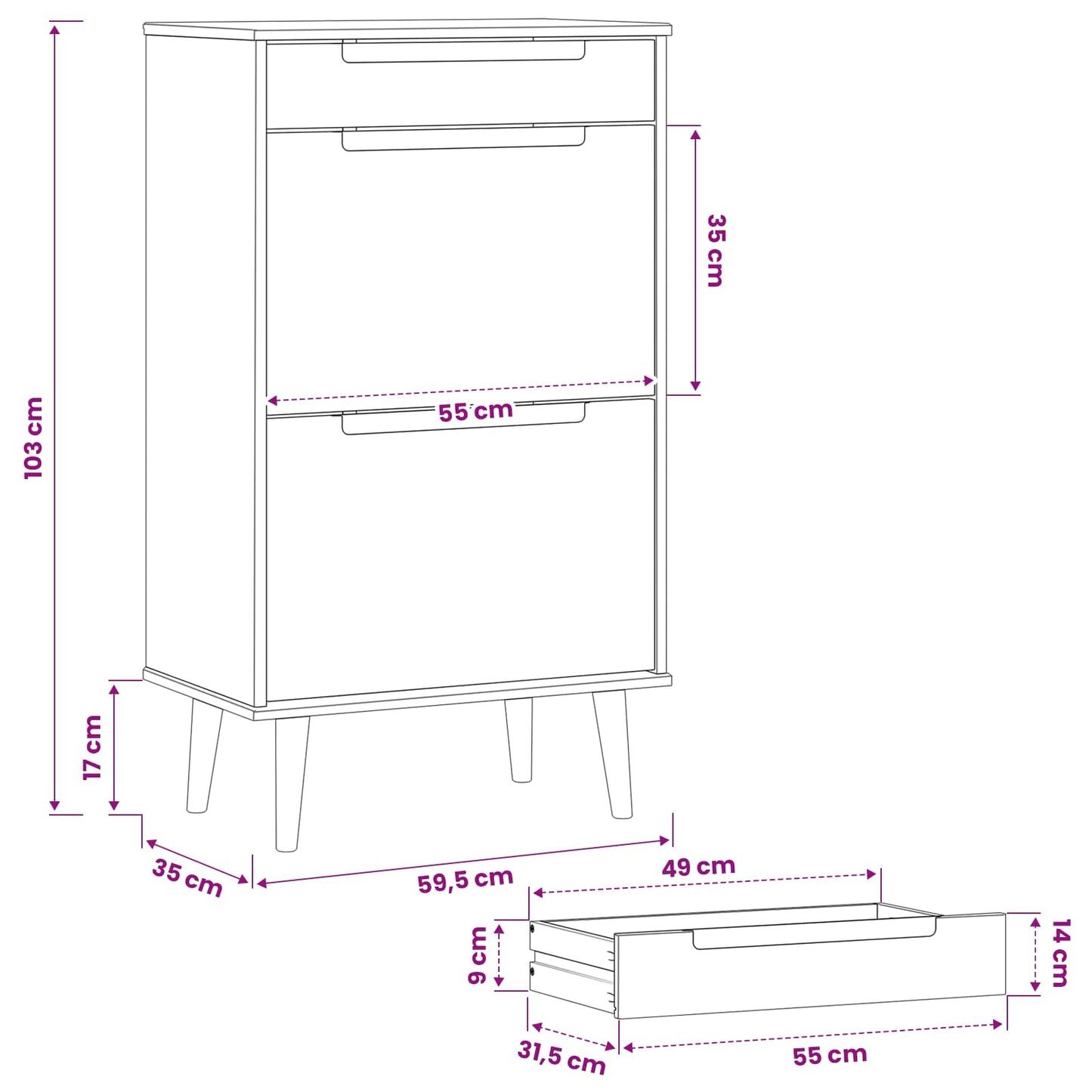 Schuhschrank MOLDE 59,5 x 35 x 103 cm Massives Kiefernholz
