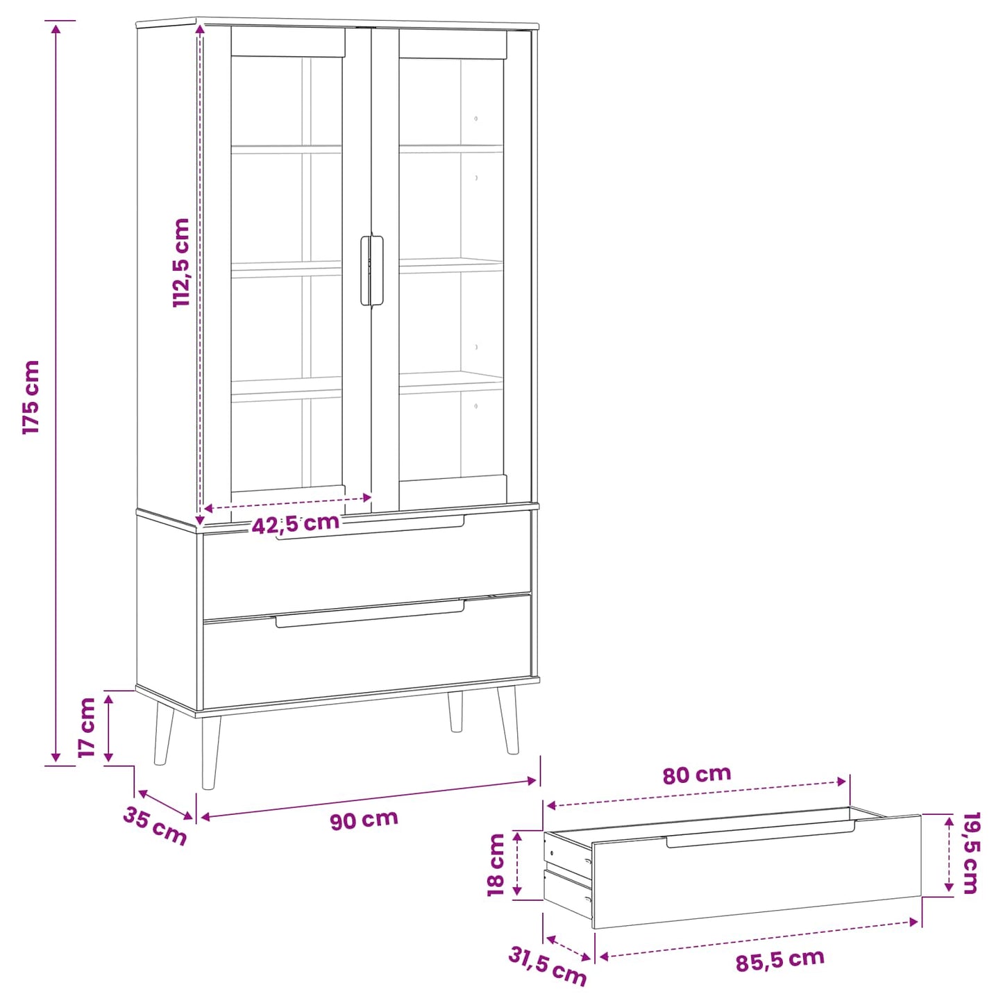 Glasvitrine MOLDE 90 x 35 x 175 cm Massives Kiefernholz Schwarz
