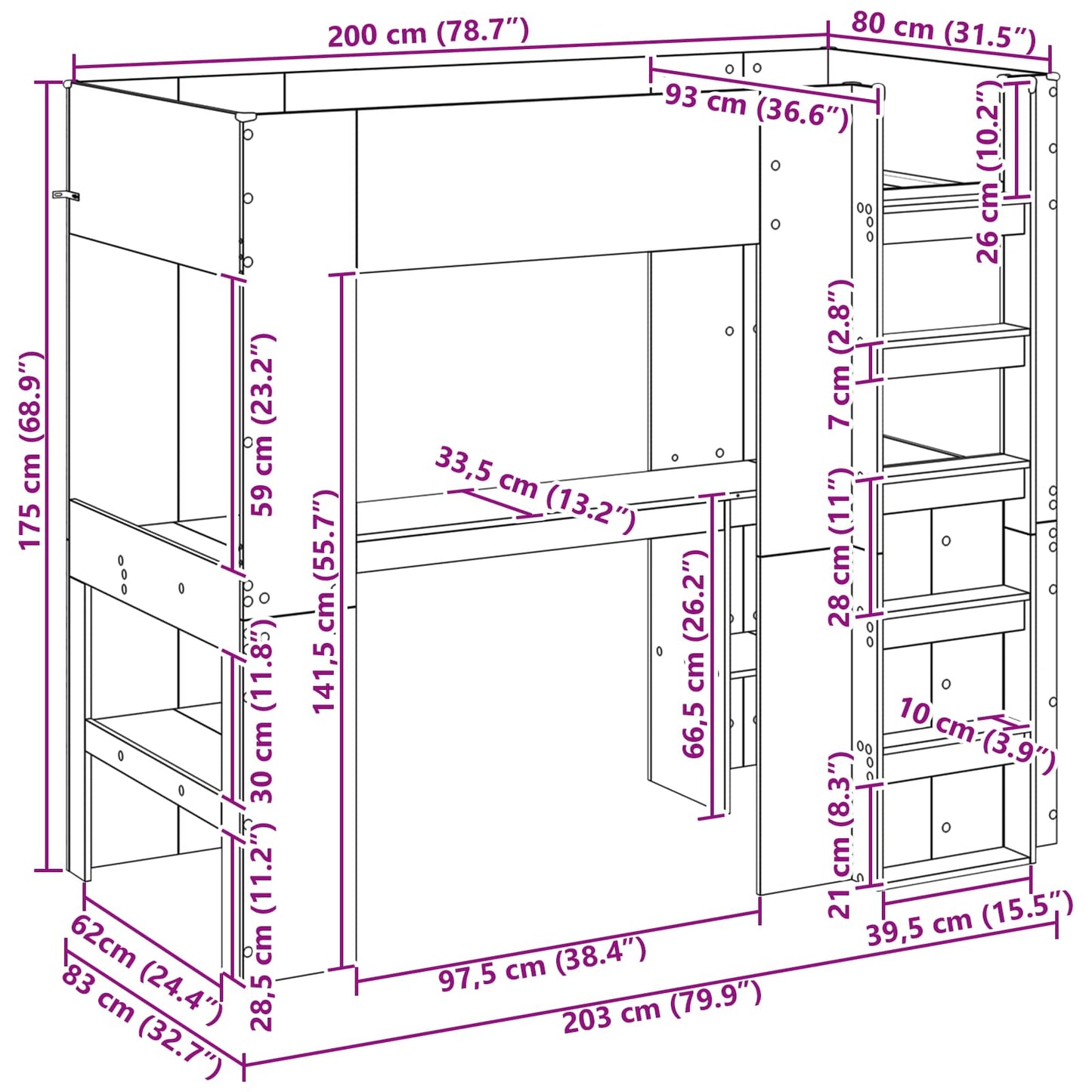 Etagenbettgestell mit Schreibtisch Beton Grau 80 x 200 cm