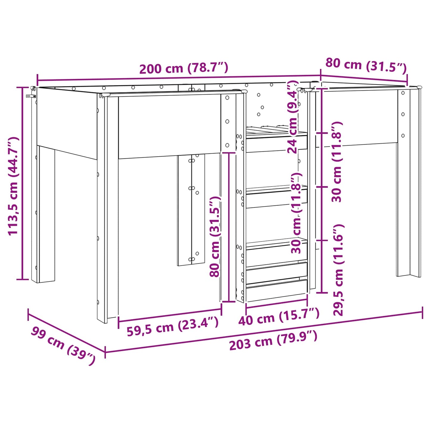 Etagenbett für Kinder Schwarz Eichen-Optik 80 x 200 cm