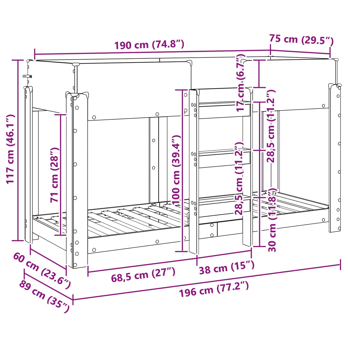 Etagenbett für Kinder Geräucherte Eiche 75 x 190 cm