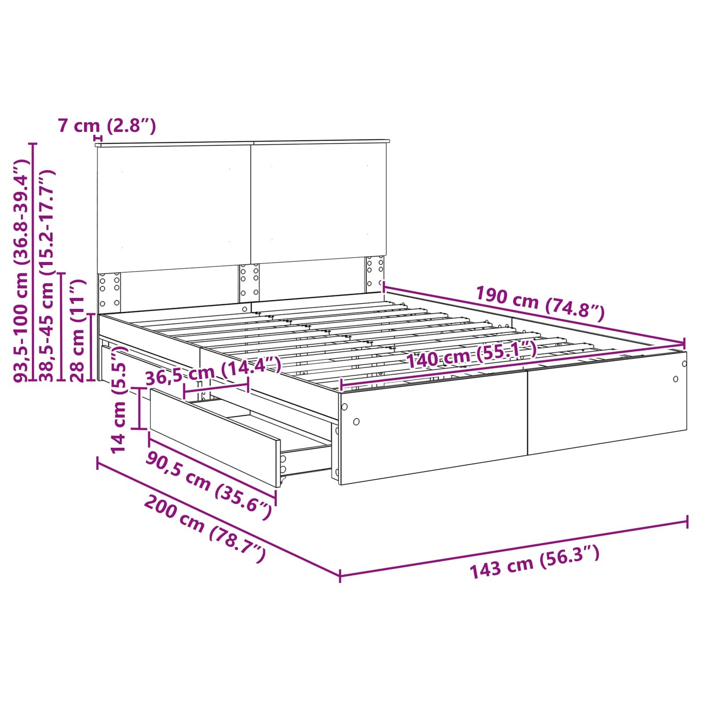 Aufbewahrungsbett Sonoma-Eiche 140 x 190 cm Holzwerkstoff