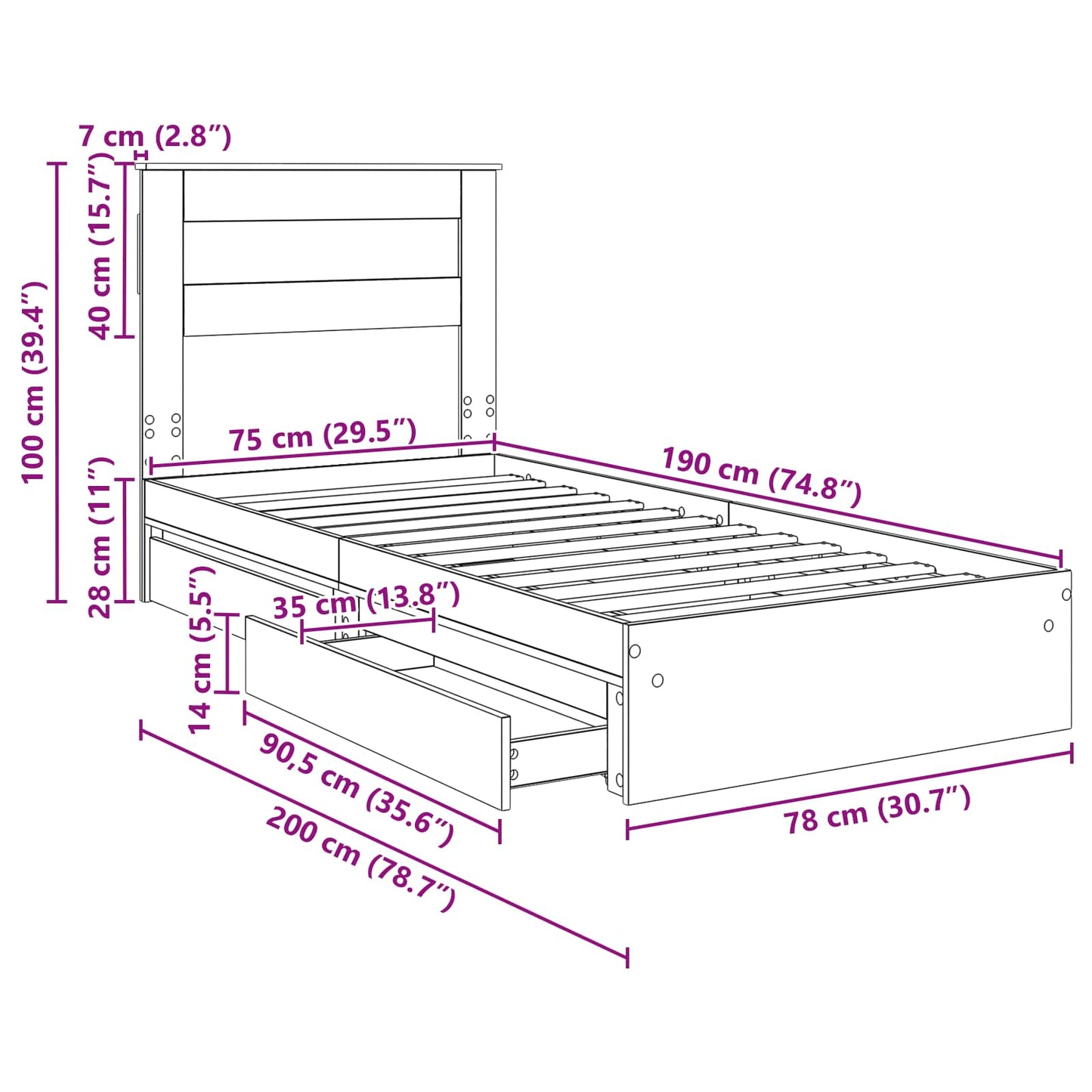 Aufbewahrungsbett Sonoma-Eiche 75 x 190 cm Holzwerkstoff