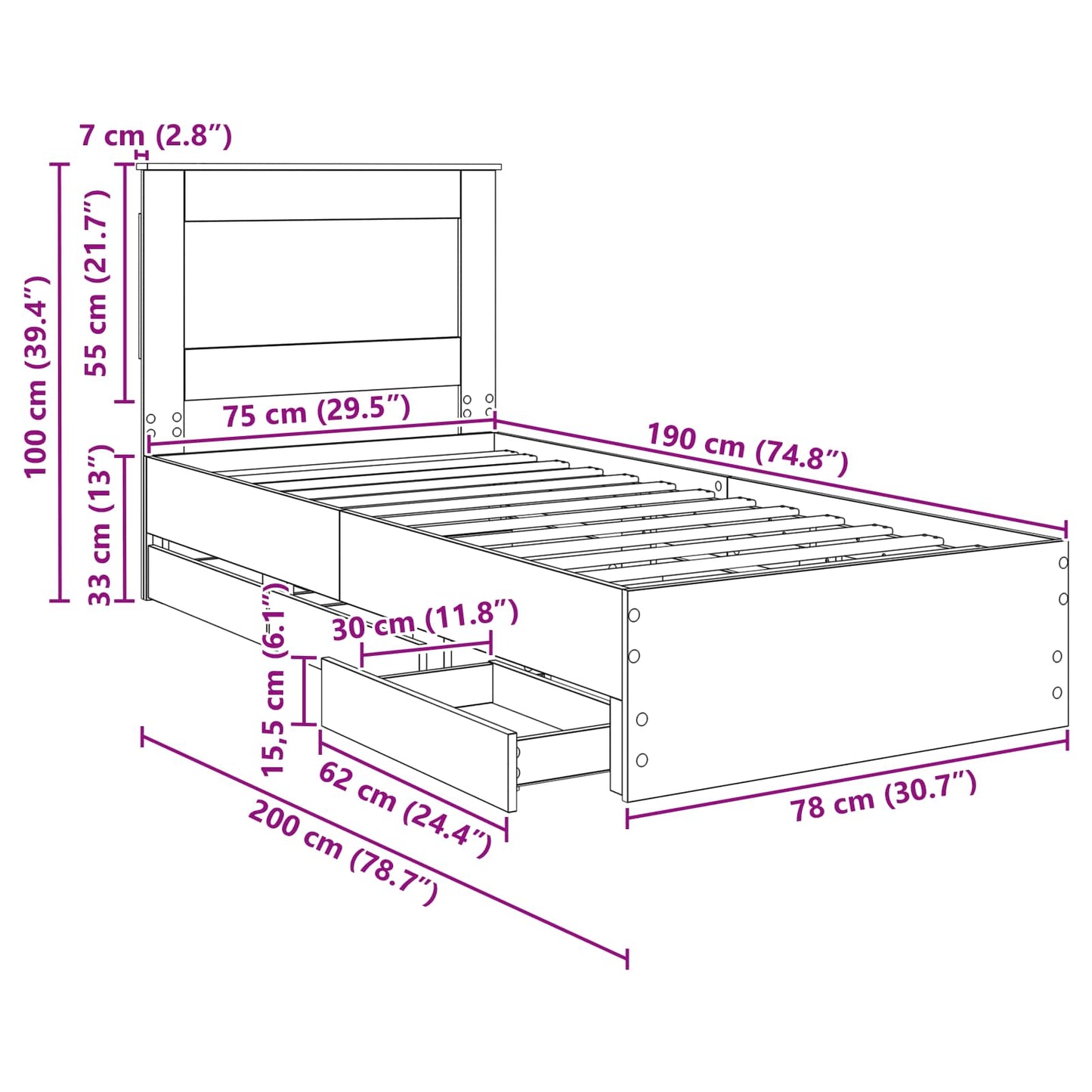 Bettrahmen Sonoma-Eiche 75 x 190 cm Ingenieurs Holz