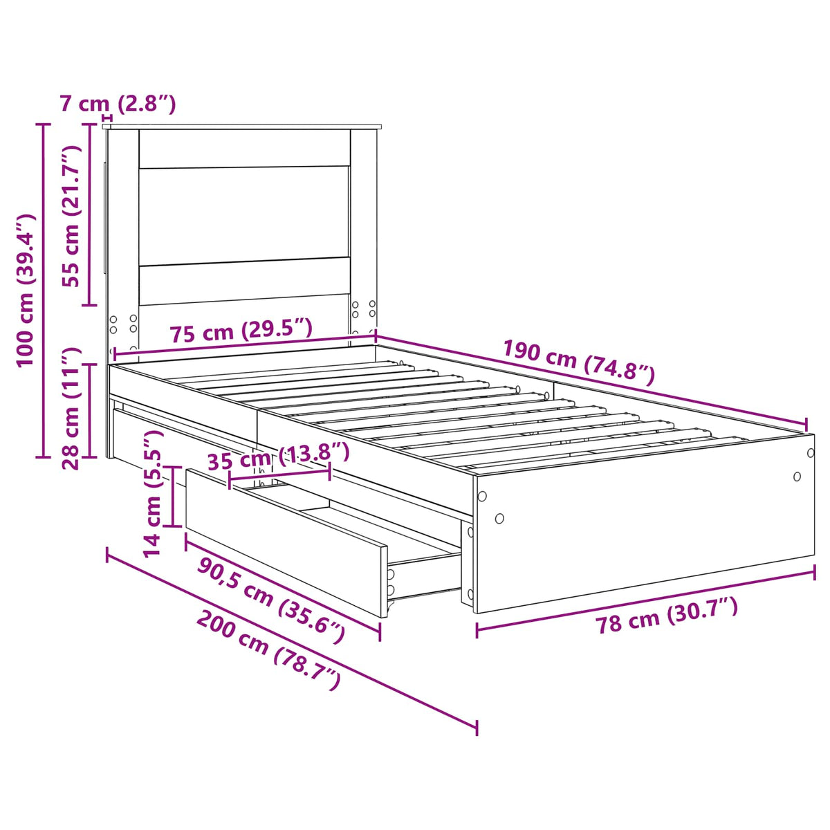 Aufbewahrungsbett Sonoma-Eiche 75 x 190 cm Holzwerkstoff