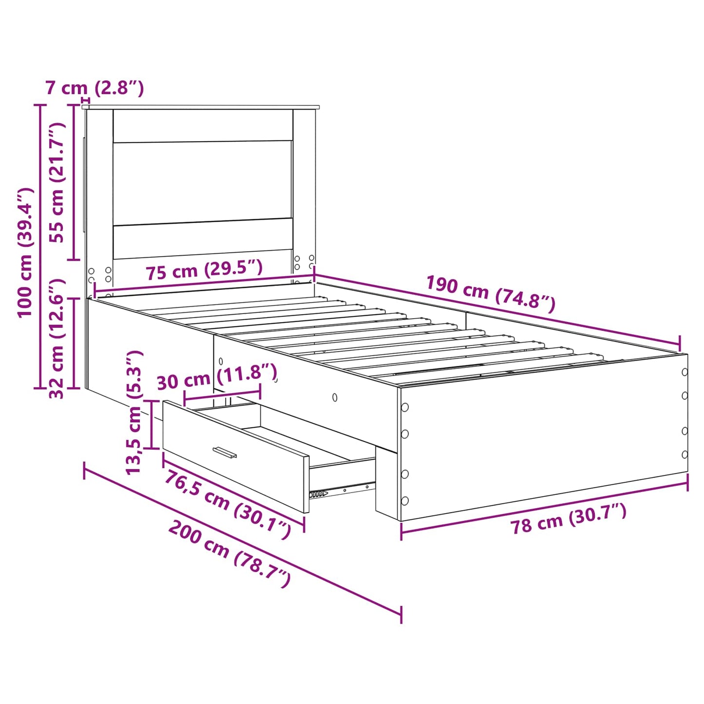 Bettrahmen Sonoma Eiche und Silber 75 x 190 cm Holzwerkstoff