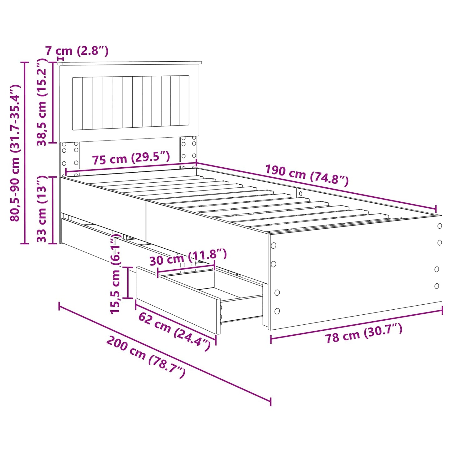 Bettrahmen Sonoma-Eiche 75 x 190 cm Ingenieurs Holz