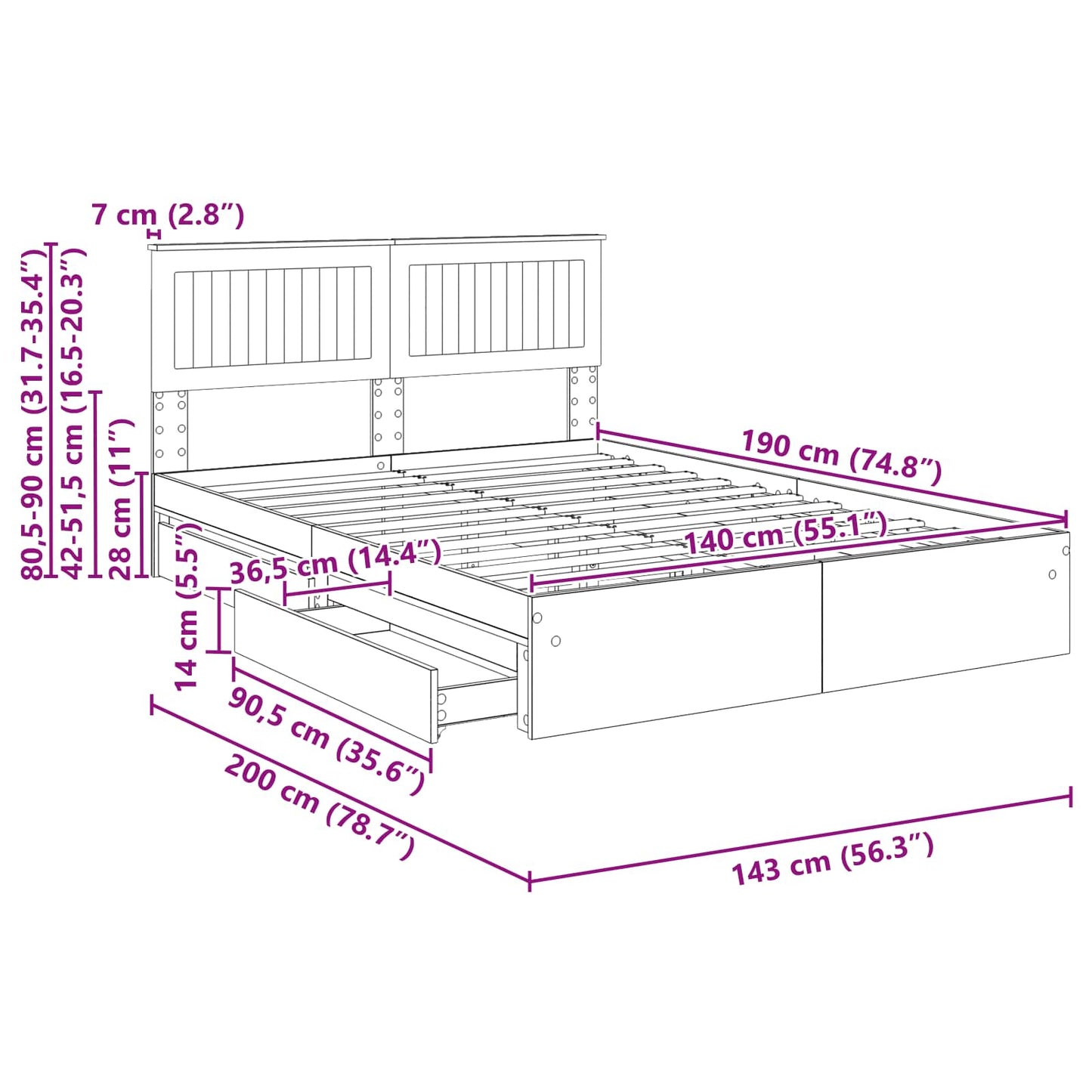 Aufbewahrungsbett Sonoma-Eiche 140 x 190 cm Holzwerkstoff