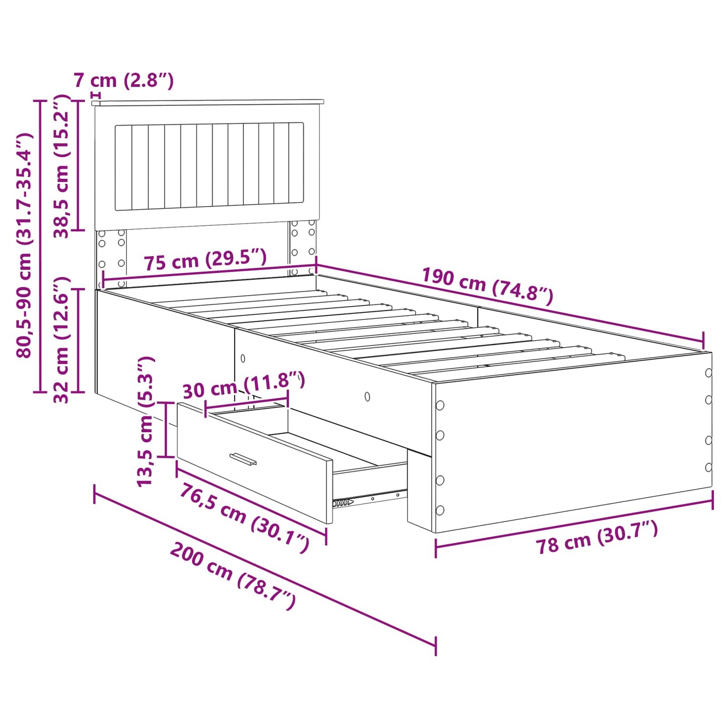 Bettrahmen Sonoma Eiche und Silber 75 x 190 cm Holzwerkstoff