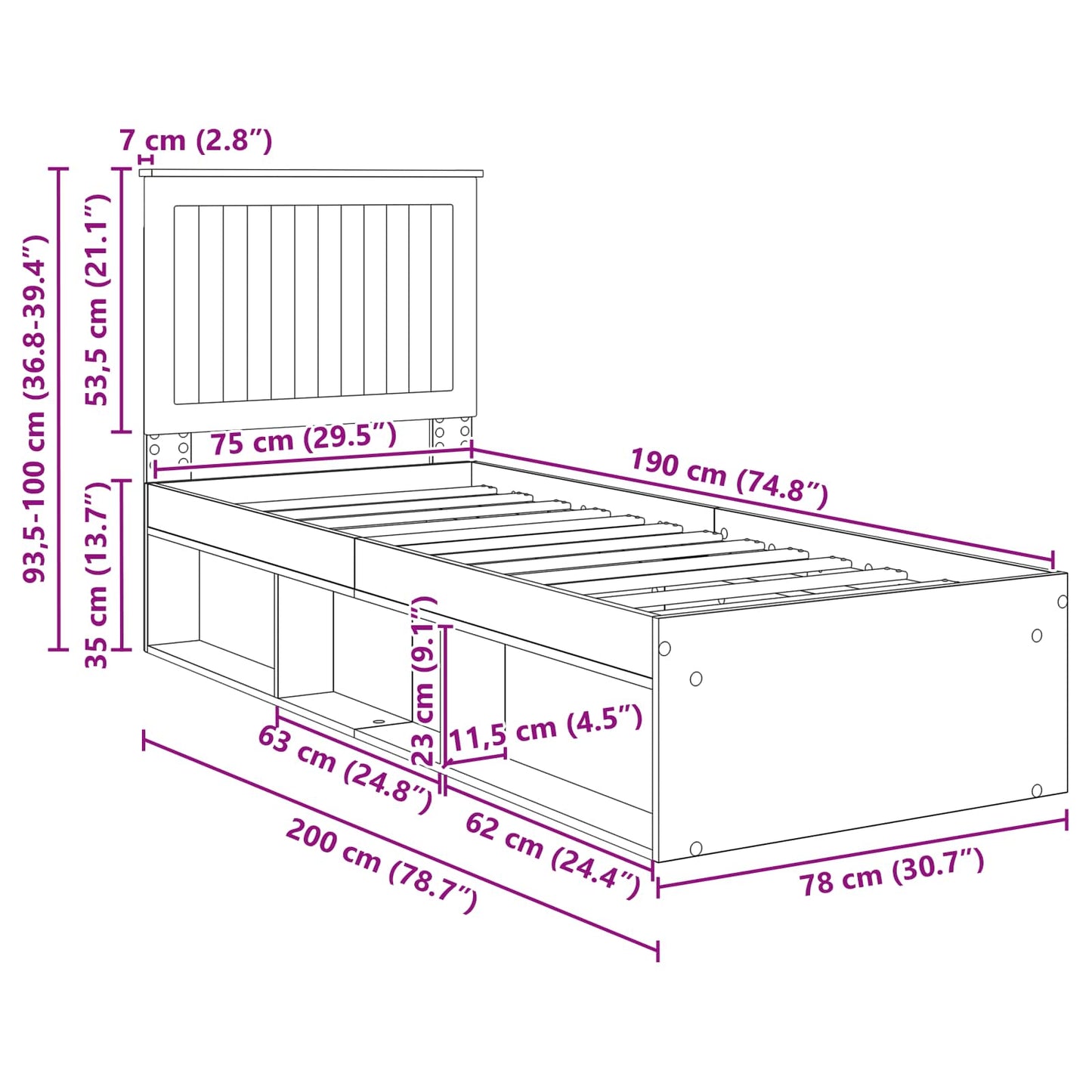 Bettrahmen Sonoma-Eiche 75 x 190 cm Massives Kiefernholz