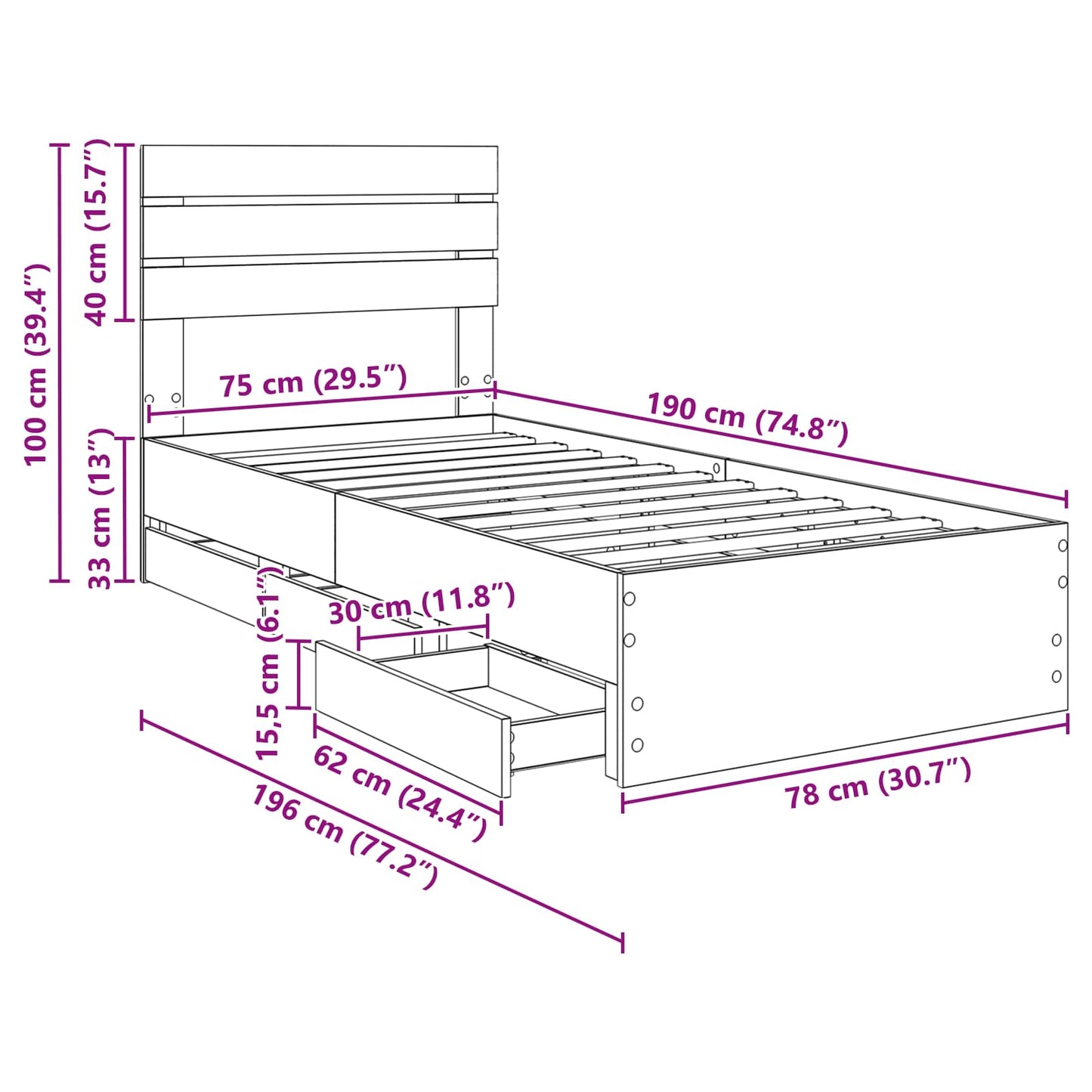 Bettrahmen Sonoma-Eiche 75 x 190 cm Ingenieurs Holz