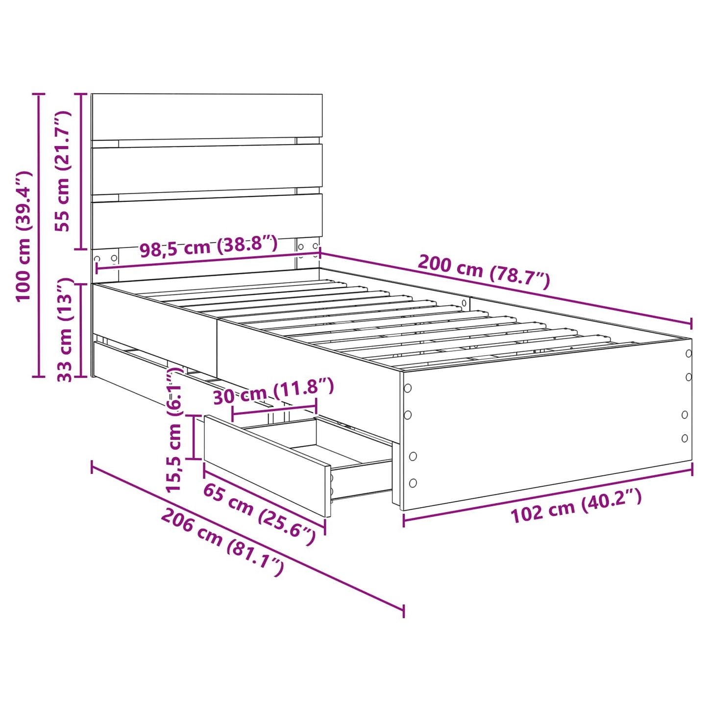 Bettrahmen Sonoma-Eiche 100 x 200 cm Ingenieurs Holz