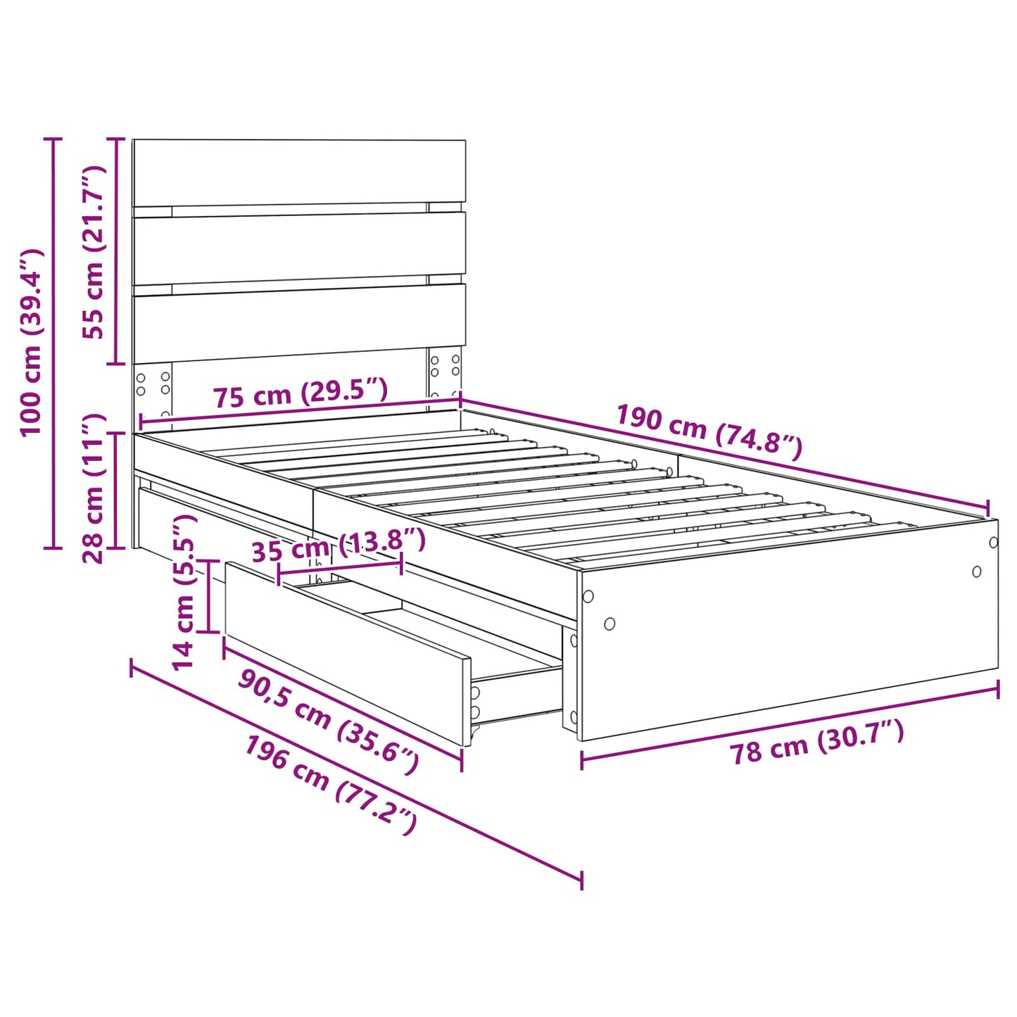 Aufbewahrungsbett Sonoma-Eiche 70 x 190 cm Holzwerkstoff
