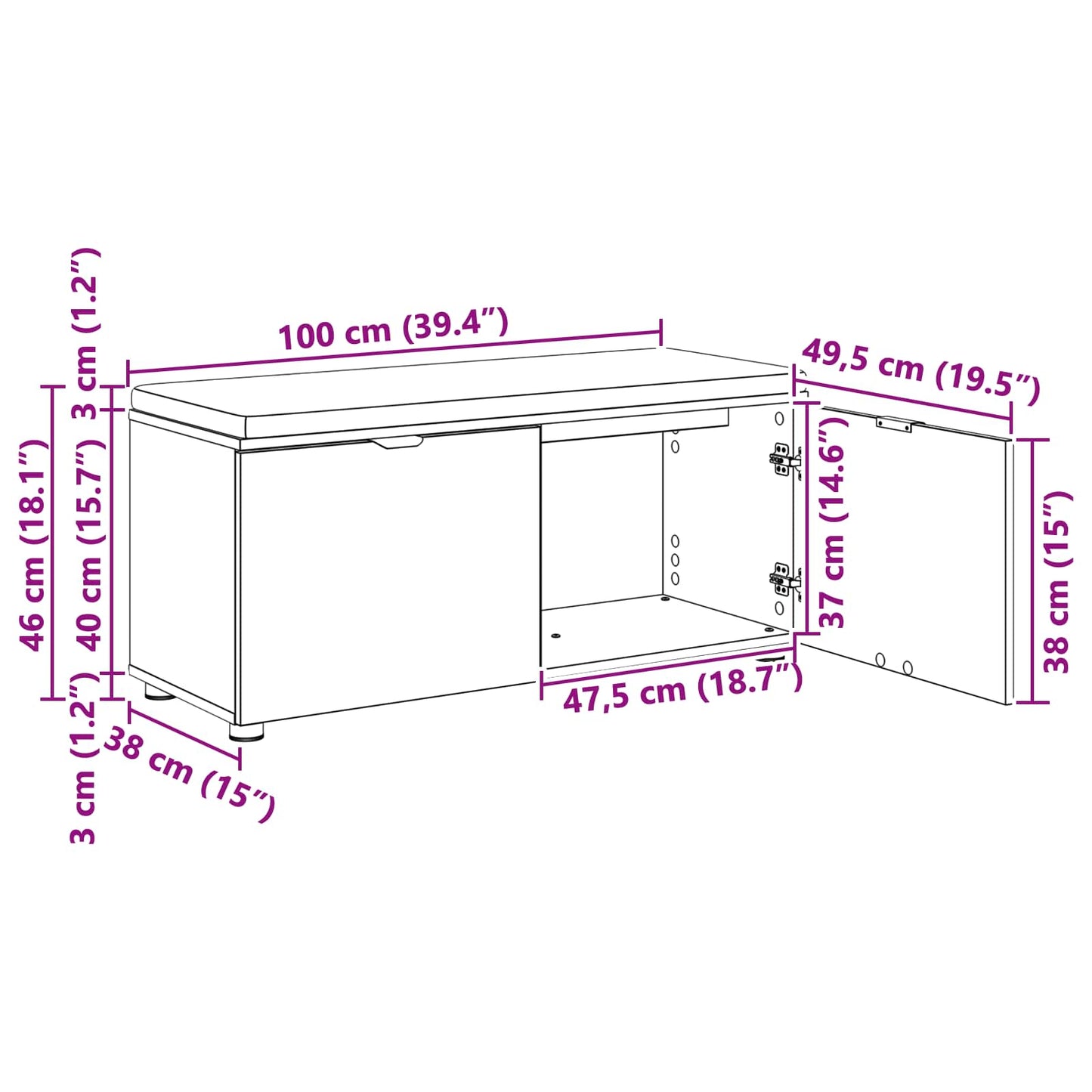 Flurbank mit Kissen mit Regal Betongrau 100 x 38 x 46 cm