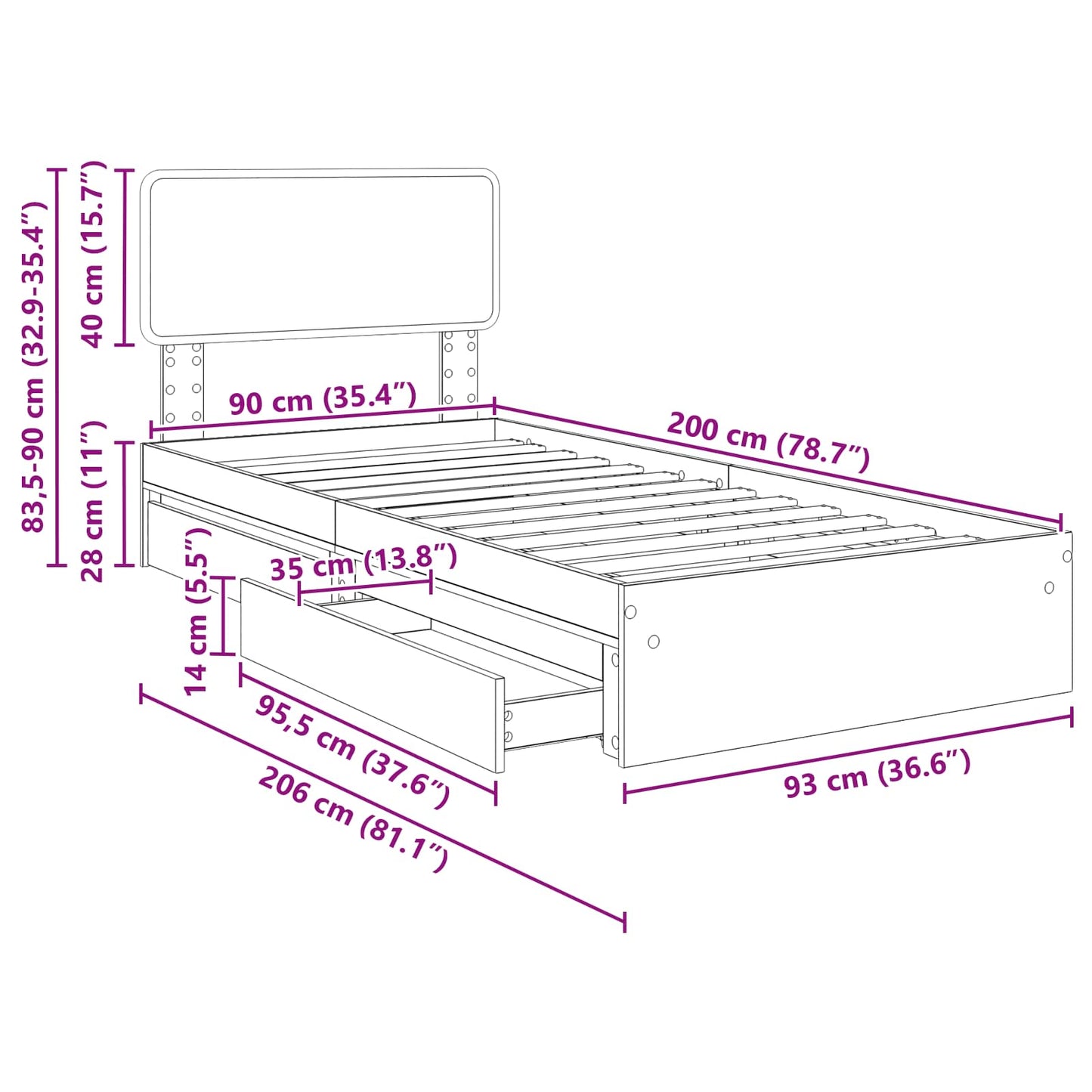 Aufbewahrungsbett Sonoma-Eiche 90 x 200 cm Holzwerkstoff
