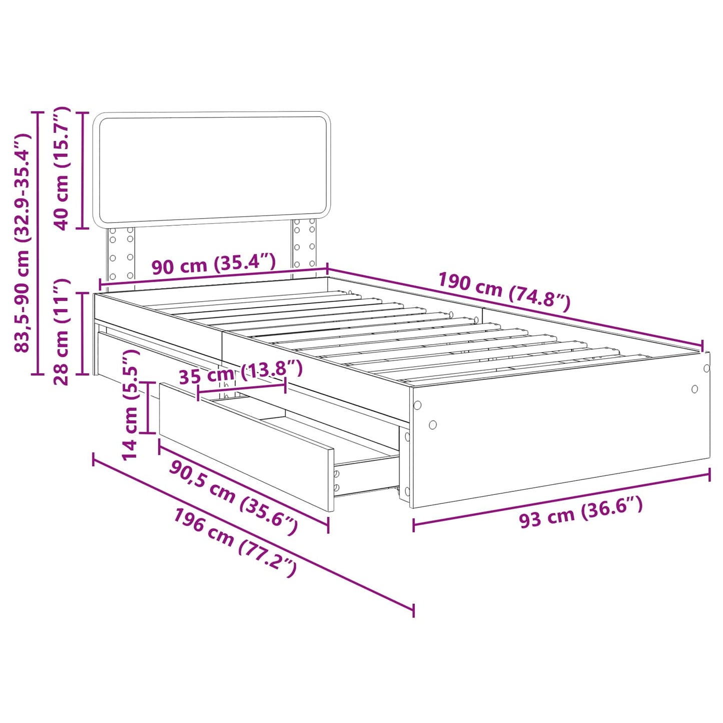 Aufbewahrungsbett Sonoma-Eiche 90 x 190 cm Holzwerkstoff