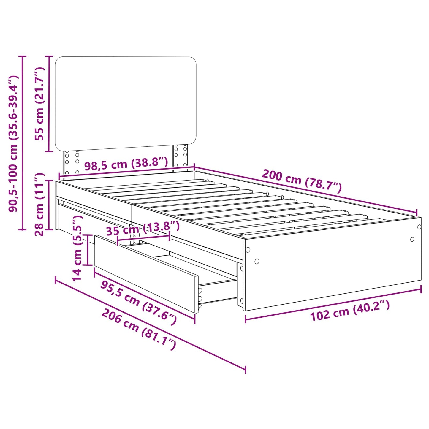 Aufbewahrungsbett Sonoma-Eiche 100 x 200 cm Holzwerkstoff
