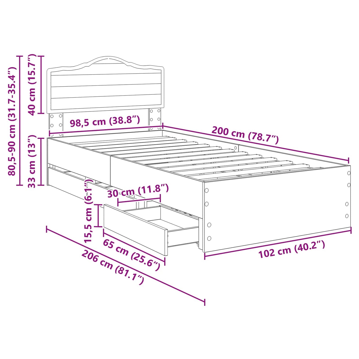 Bettrahmen Sonoma-Eiche 100 x 200 cm Ingenieurs Holz