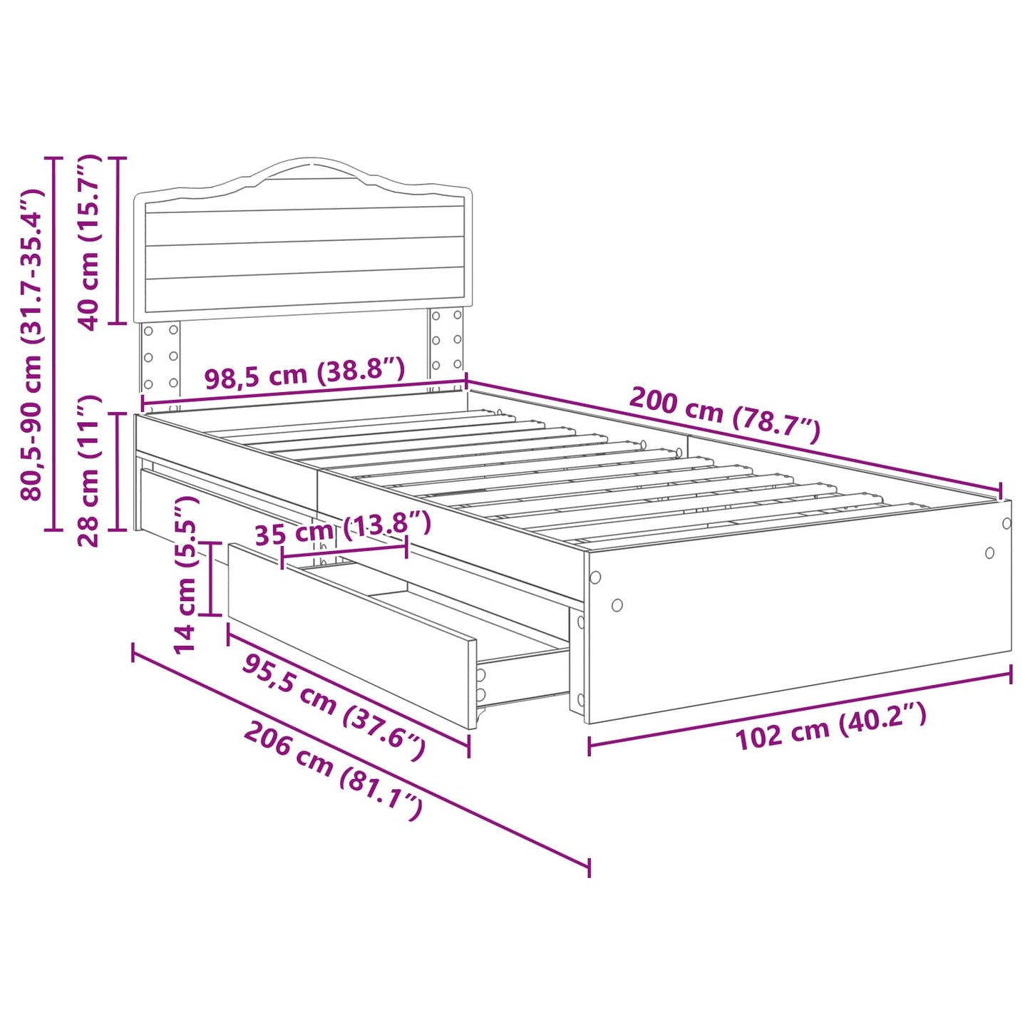 Aufbewahrungsbett Sonoma-Eiche 100 x 200 cm Holzwerkstoff