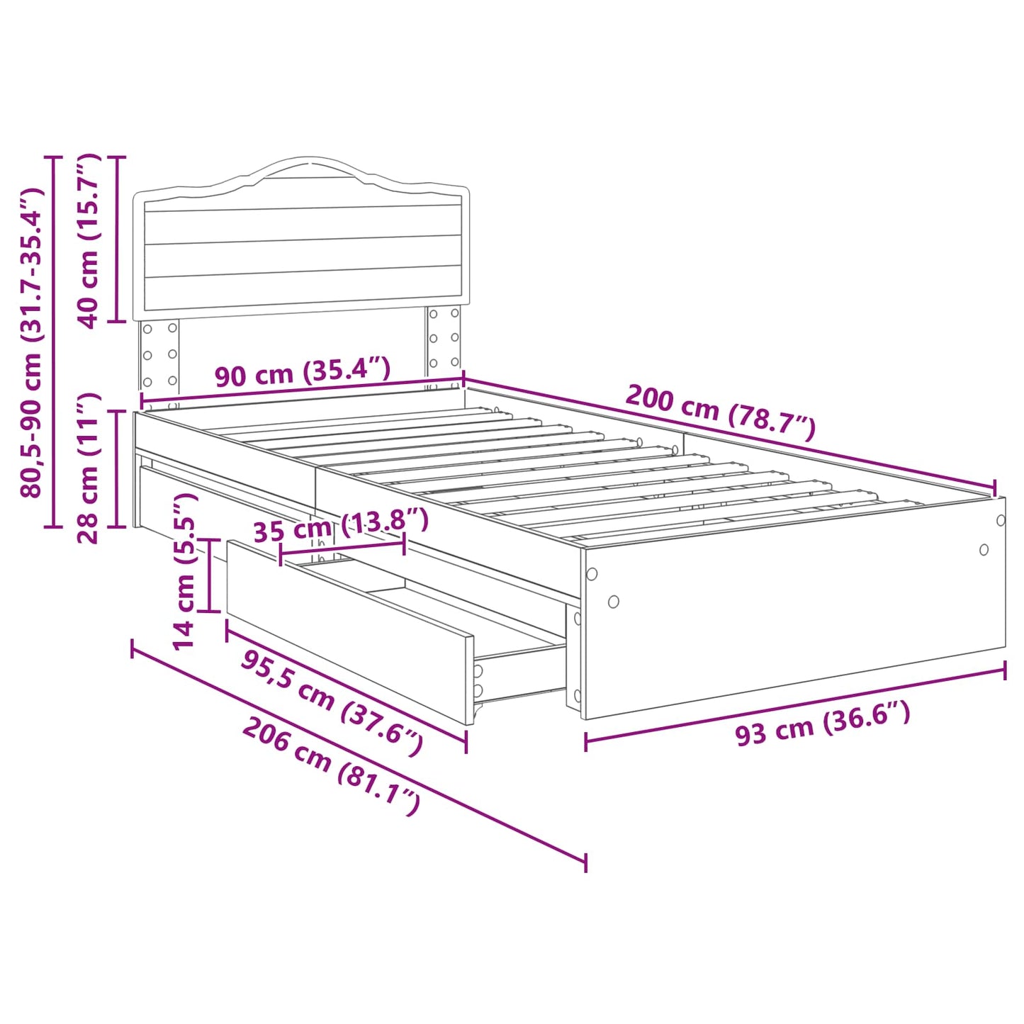 Aufbewahrungsbett Sonoma-Eiche 90 x 200 cm Holzwerkstoff