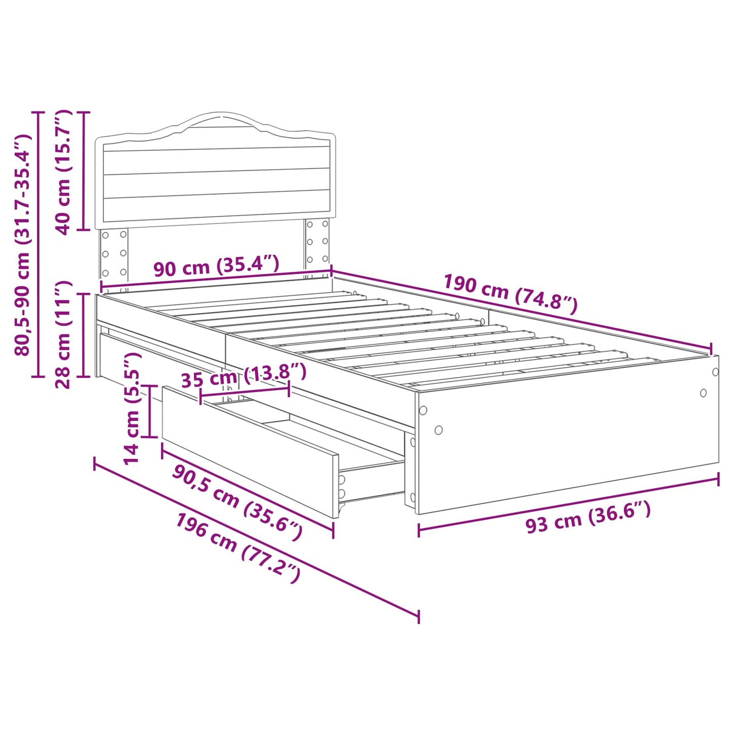 Aufbewahrungsbett Sonoma-Eiche 90 x 190 cm Holzwerkstoff
