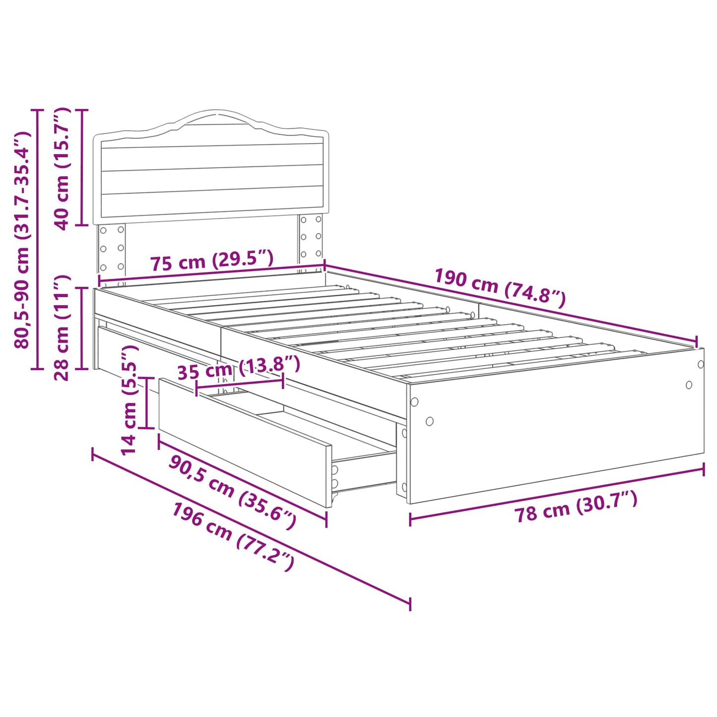 Aufbewahrungsbett Sonoma-Eiche 70 x 190 cm Holzwerkstoff