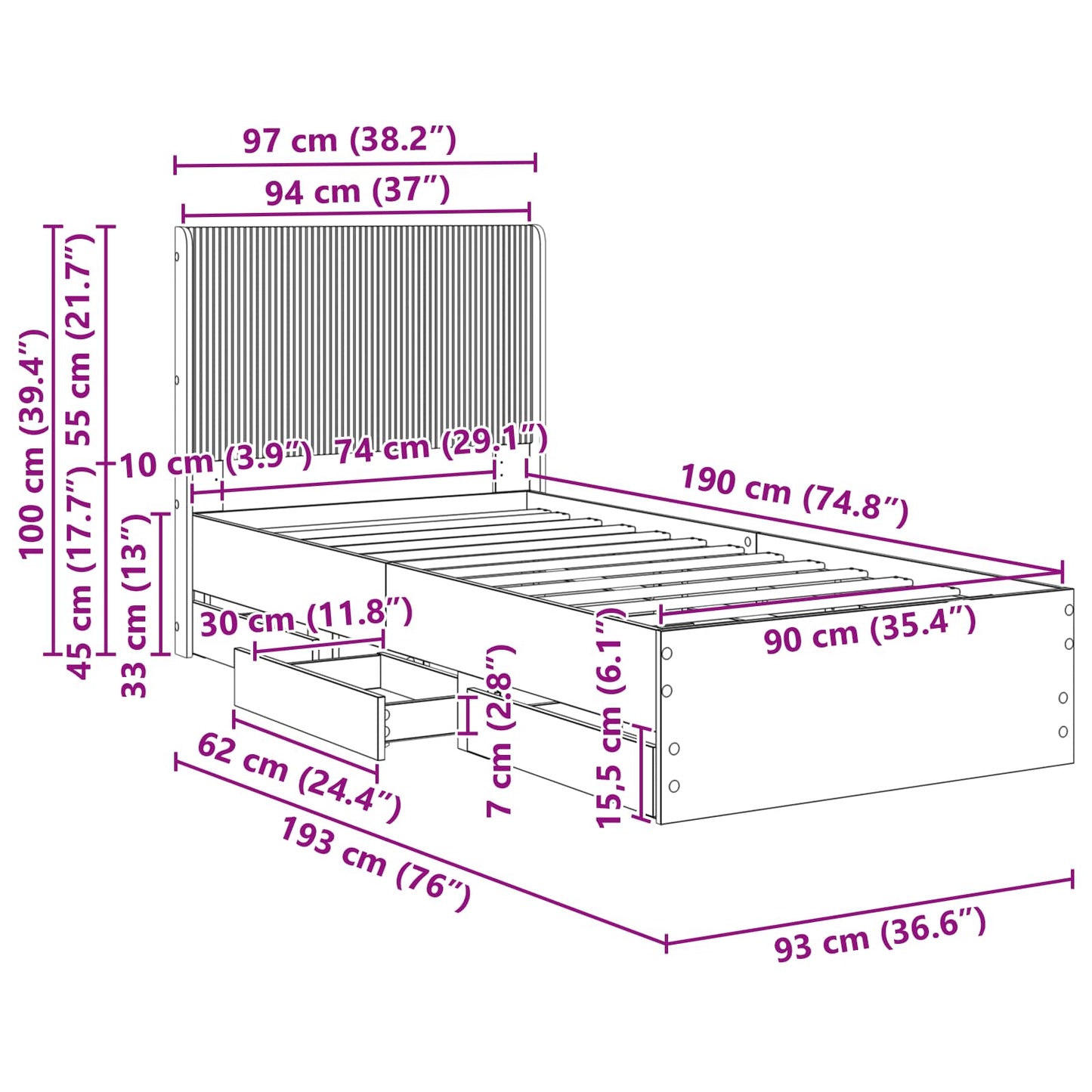 Bettgestell mit Stauraum und Kopfteil Schwarz 90 x 190 cm