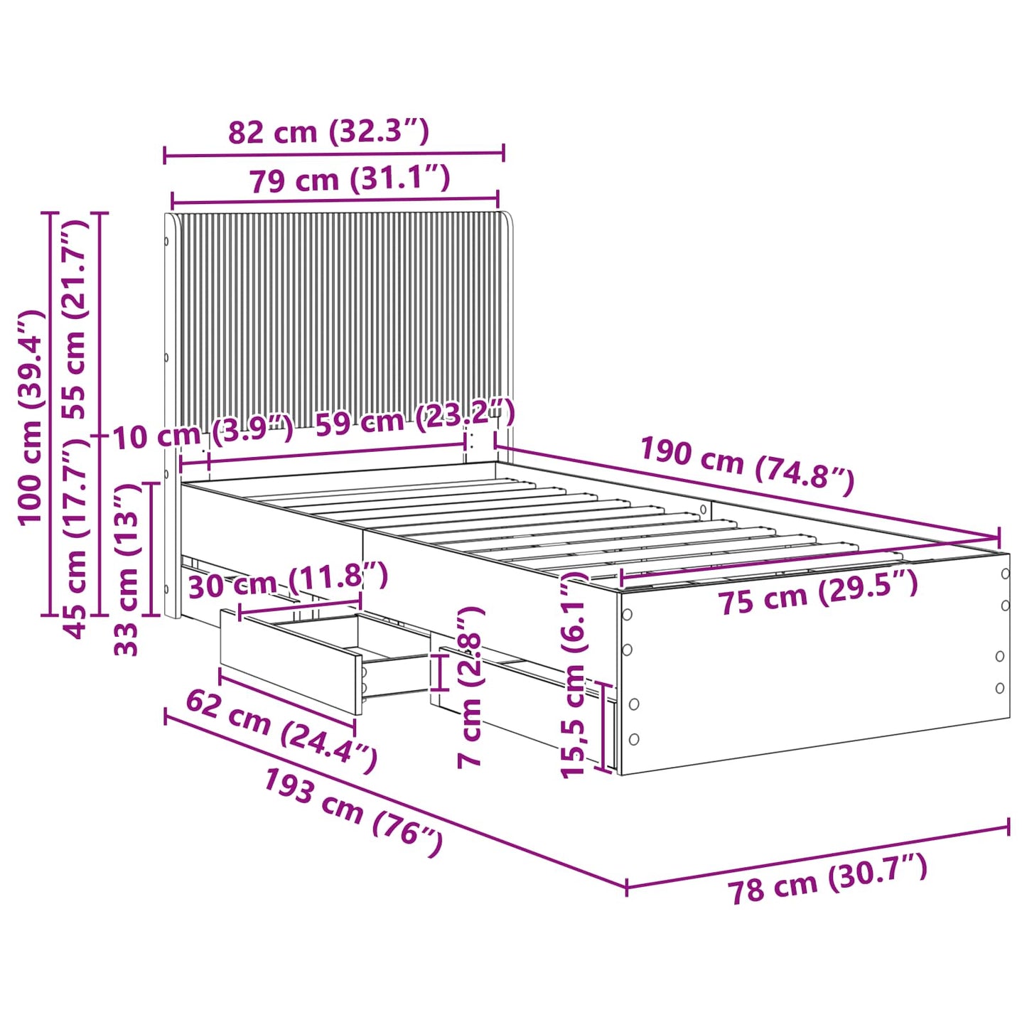 Bettgestell mit Stauraum und Kopfteil Sonoma-Eiche 75 x 190 cm