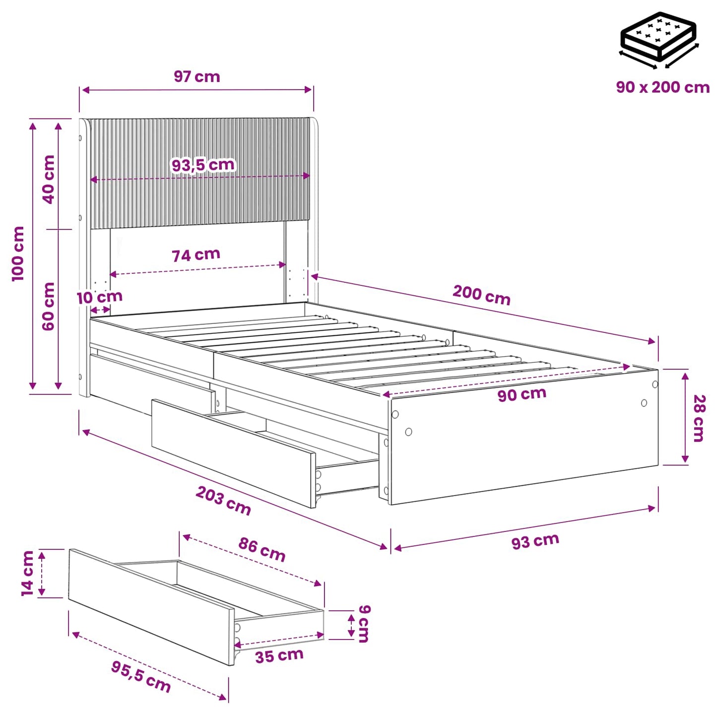 Bettgestell mit Stauraum und Kopfteil Sonoma-Eiche 90 x 200 cm