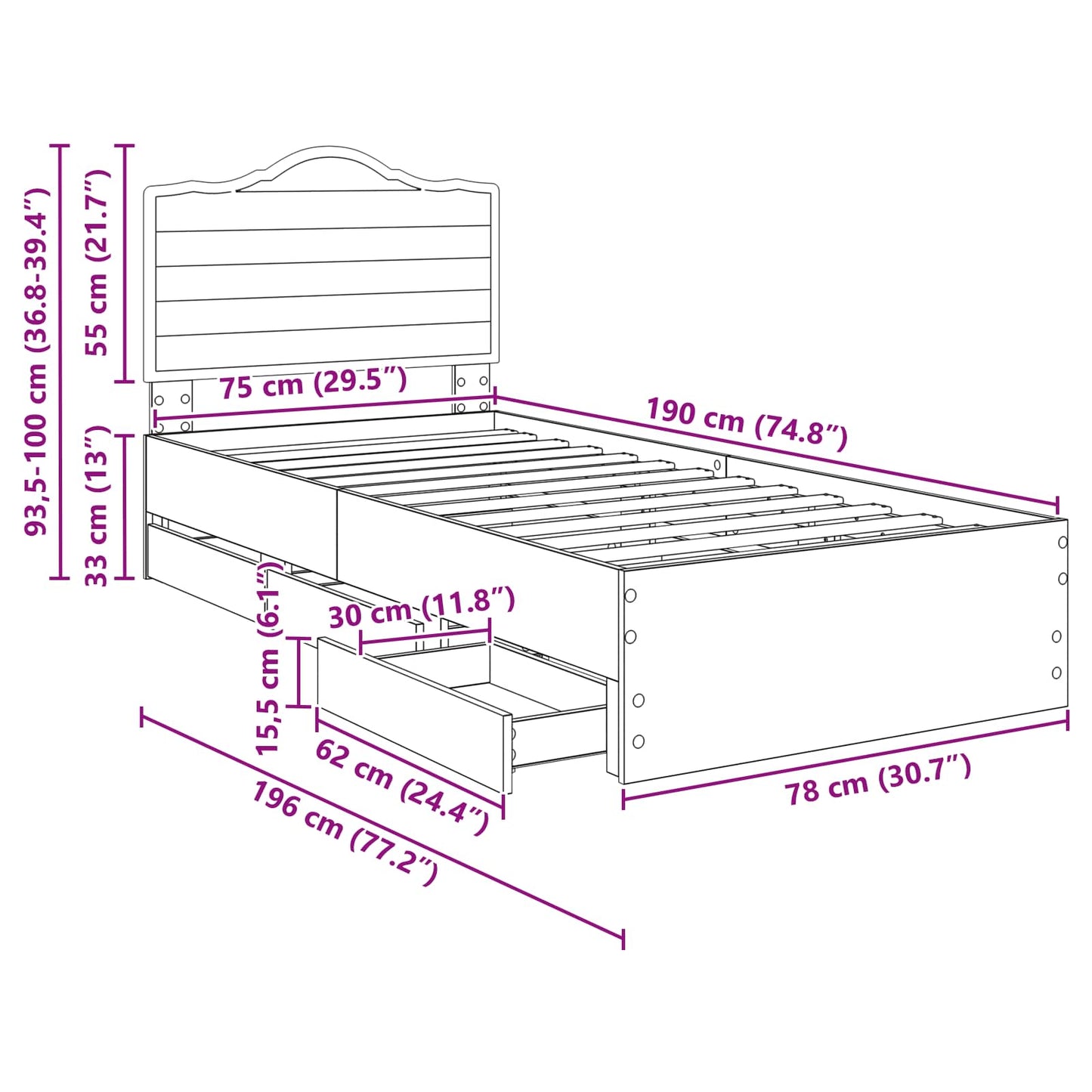 Bettrahmen Sonoma-Eiche 75 x 190 cm Ingenieurs Holz