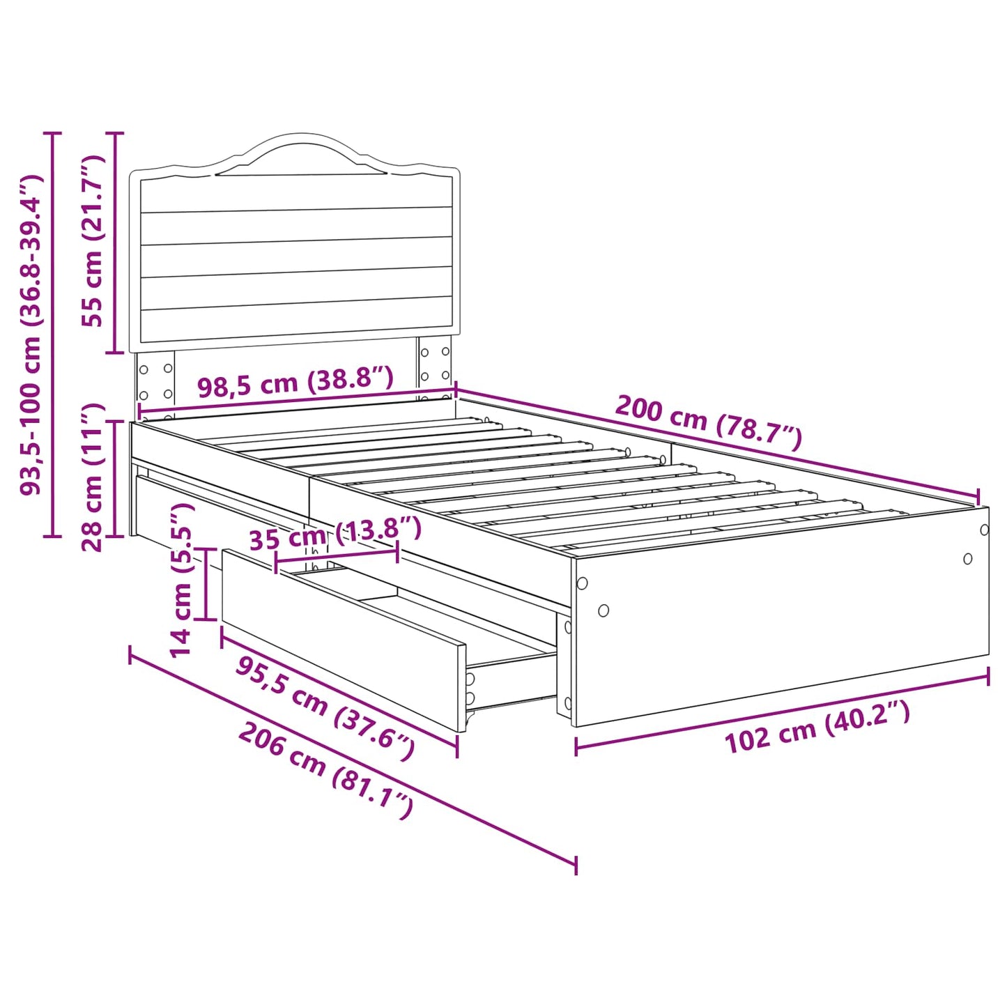 Aufbewahrungsbett Sonoma-Eiche 100 x 200 cm Holzwerkstoff