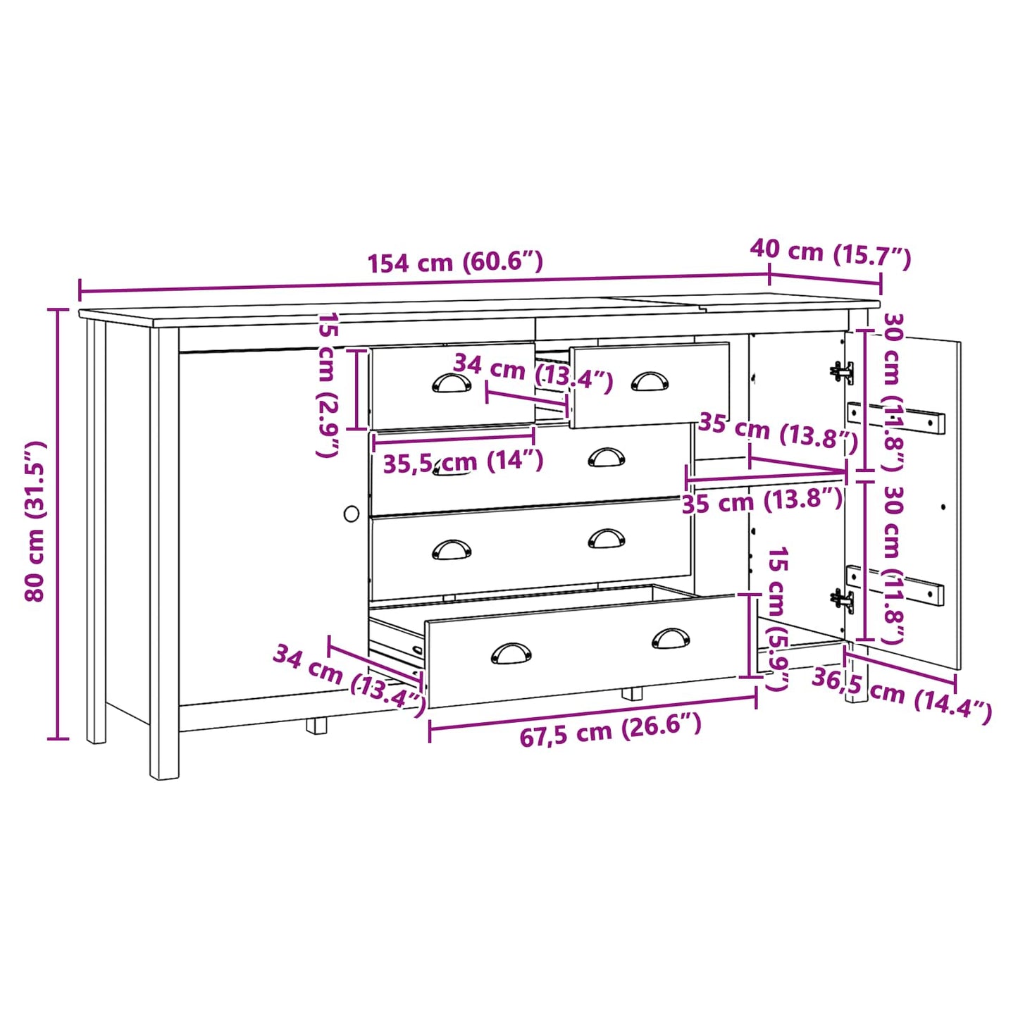 Sideboard HILL Honigbraun 154 x 40 x 80 cm Massives Kiefernholz