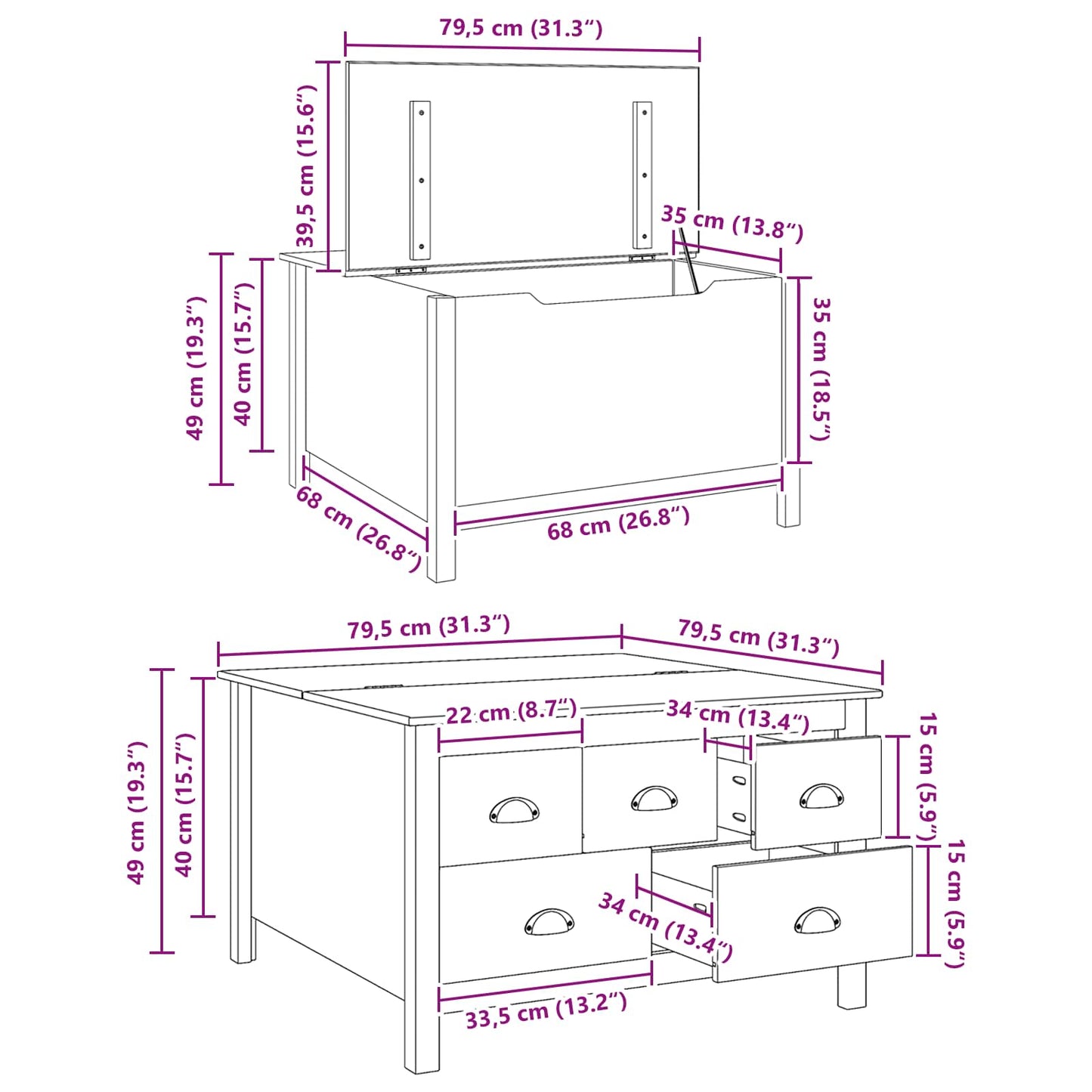 Couchtisch mit Schubladen HILL Honigbraun 79,5 x 79,5 x 49 cm