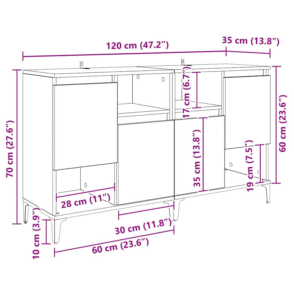 Sideboards 2 stk. Schwarz Eichen-Optik 60 x 35 x 70 cm