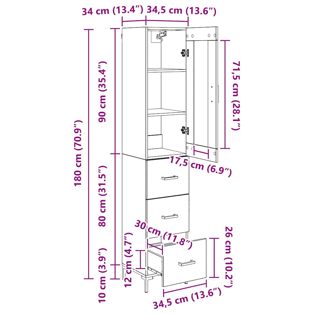 Highboard Altholz 34,5 x 34 x 180 cm Holzwerkstoff