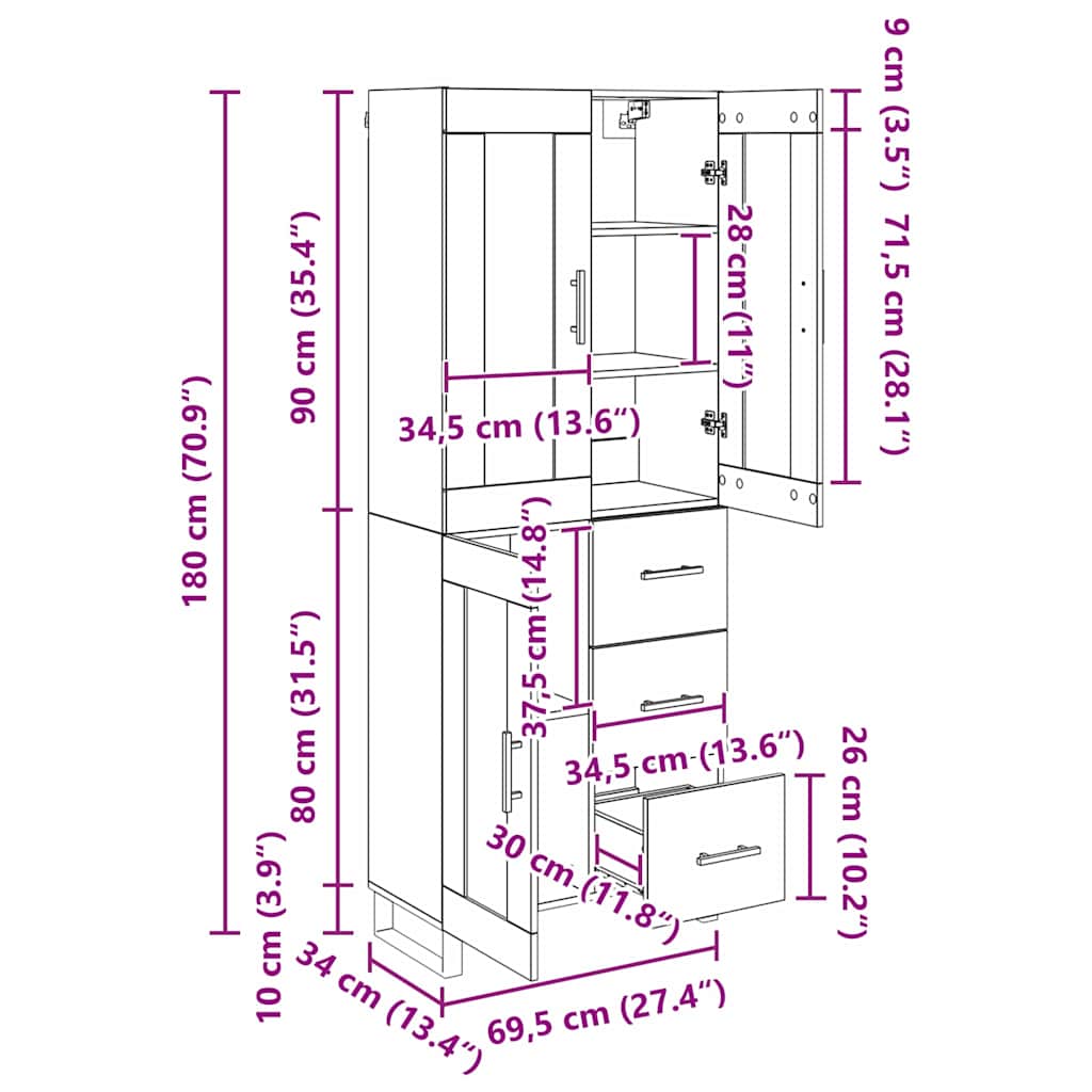 Highboard 2 Stk. Altholz 69,5 x 34 x 180 cm