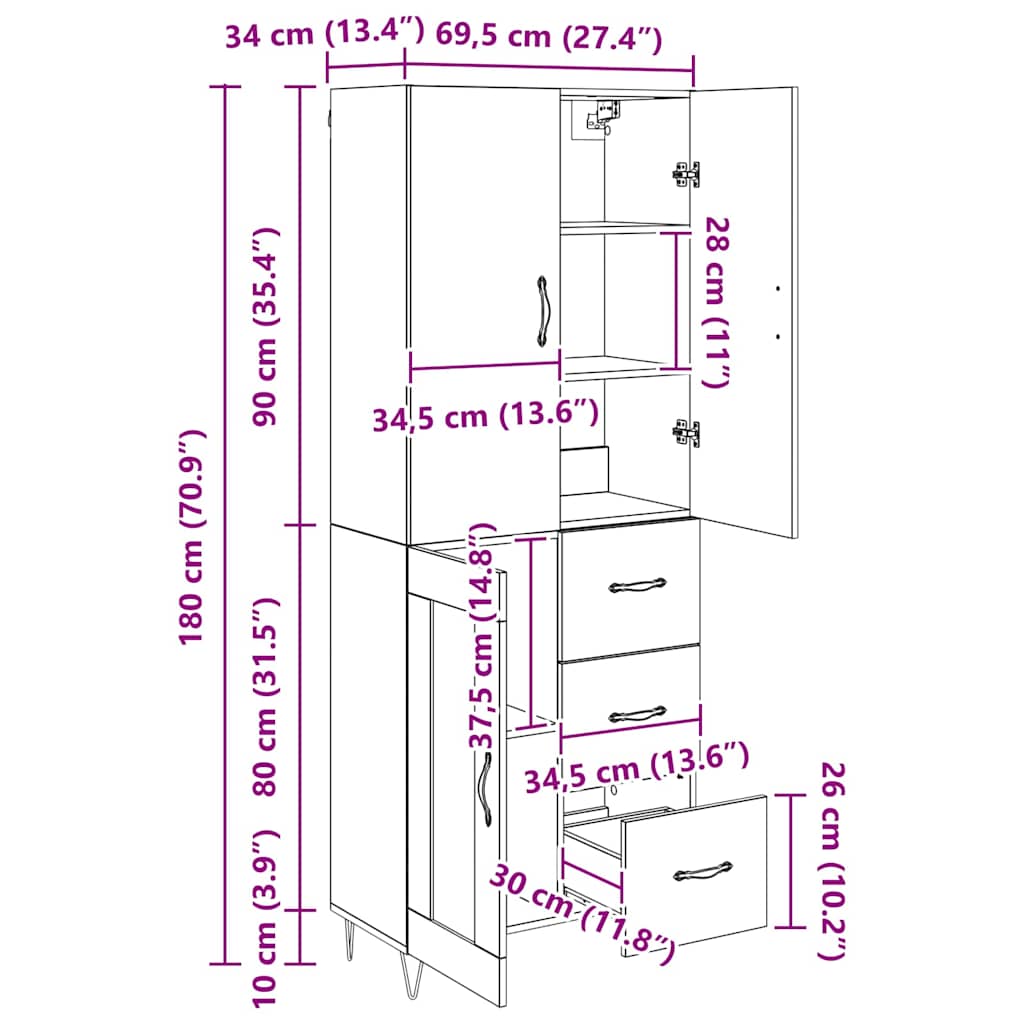 Highboard 2 stk. Altholz 69,5 x 34 x 180 cm Holzwerkstoff