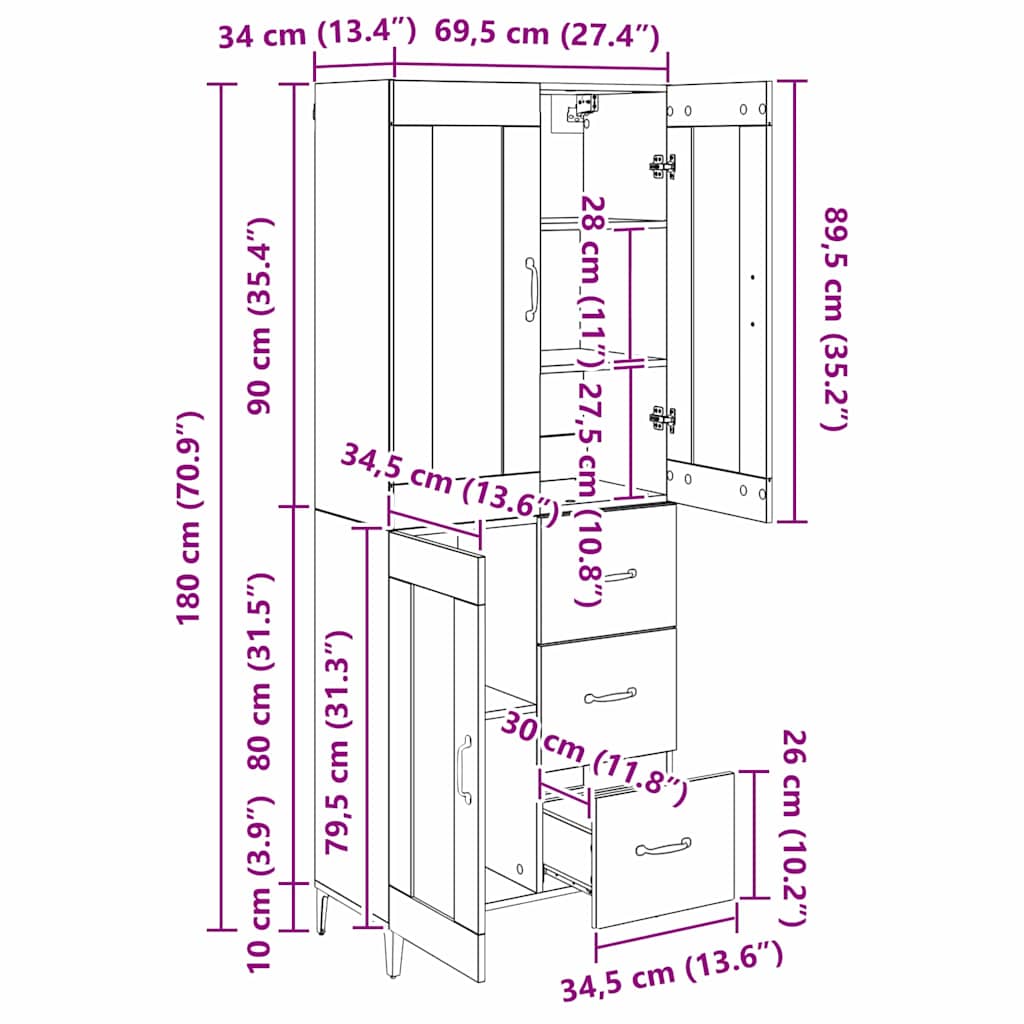 Highboard Altholz 69,5 x 34 x 180 cm Holzwerkstoff