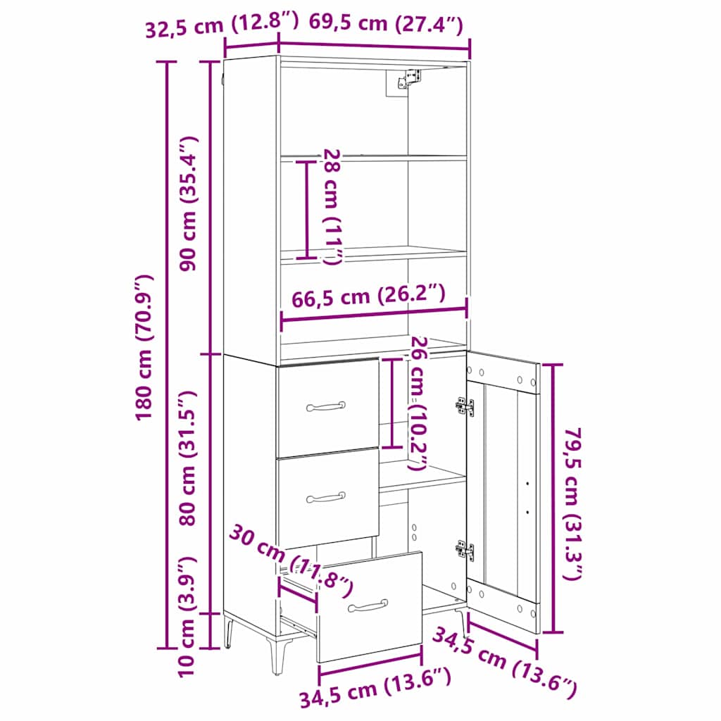 Highboard Altholz 69,5 x 34 x 180 cm Holzwerkstoff