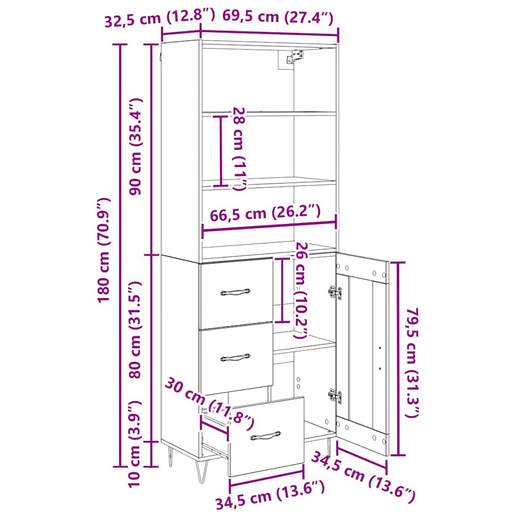Highboard 2 stk. Altholz 69,5 x 34 x 180 cm