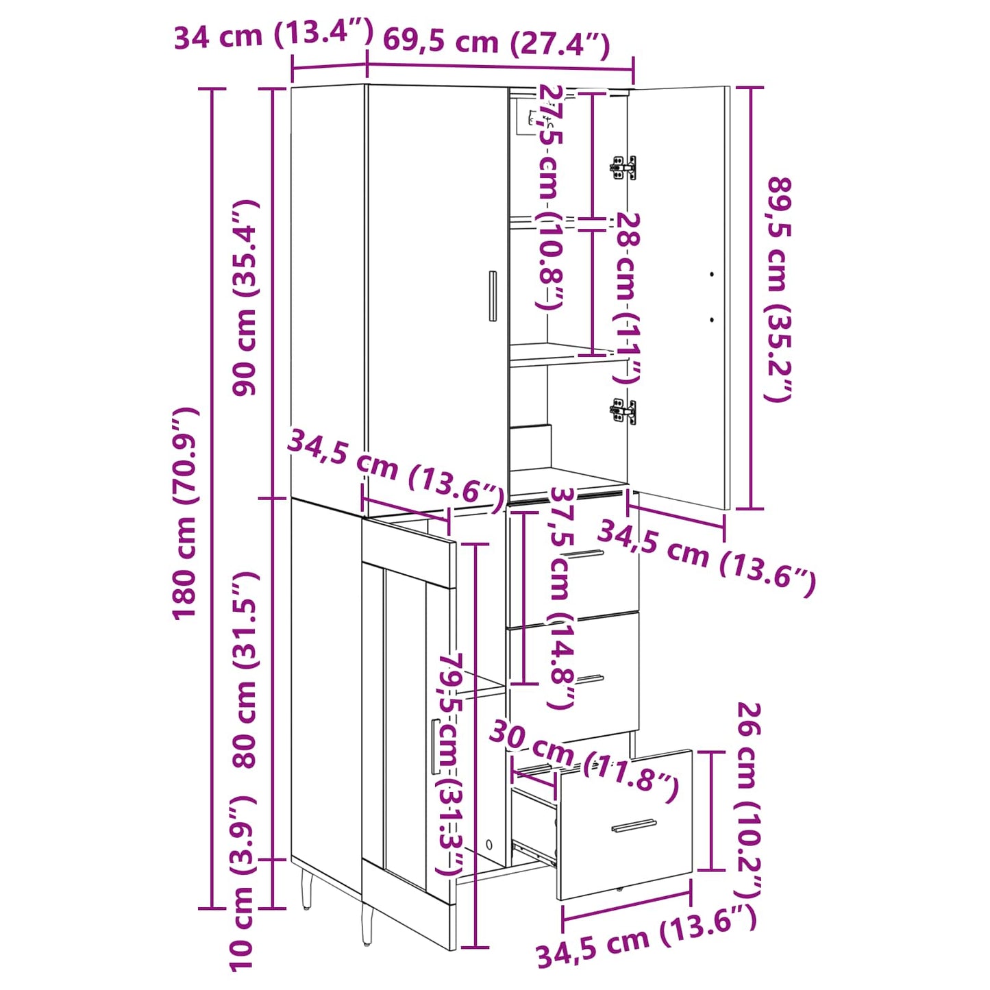 Highboard 2 stk. Altholz 69,5 x 34 x 180 cm Holzwerkstoff